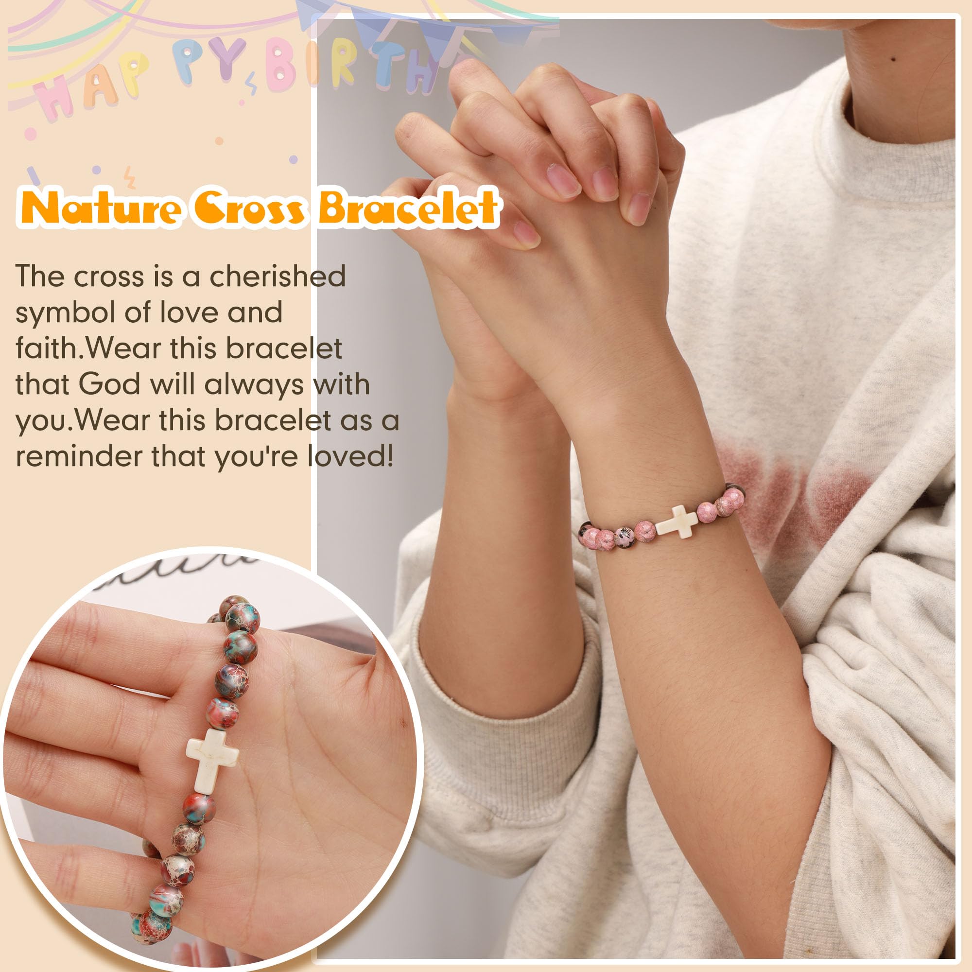 JSJOY Natural Stone Beaded Bracelet - Inspirational Cross Charm Birthday Gift for Women & Girls Age 6-80 (Daughter, Granddaughter, Niece, Mom, Sister) - Christian Jewelry for Easter, Baptism & Daily Wear