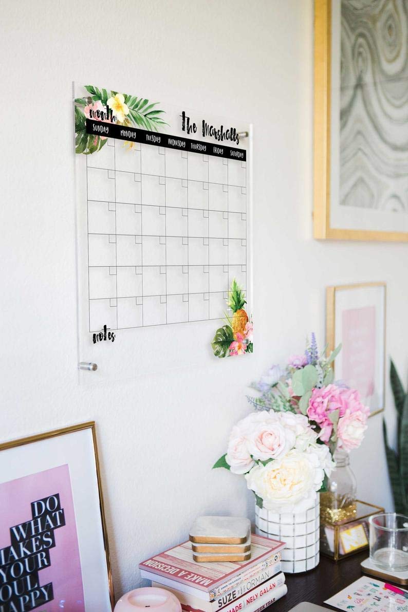 Clear Acrylic Wall Calendar - Dry Erase Monthly Planner with Tropical Design for Home Office & Family Command Center | Perfect for Scheduling, Reminders & Wall Decor