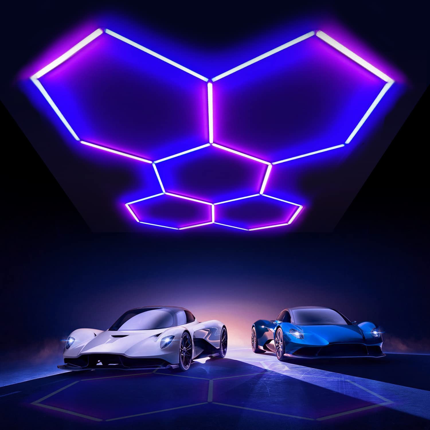 GOSLARLIT LED Garage Light - Blue & Pink Honeycomb Lighting Kit (5 Hex Lights) | Plug & Play Color-Changing Ambient Lights for Bedroom, Gaming Room, Gym & Home Decor | DIY Linkable Hexagonal Room Lights for Modern Interior Design
