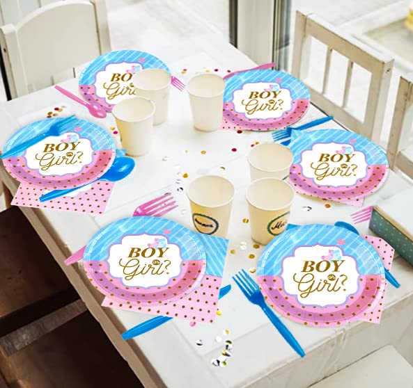 97-Piece Gender Reveal Party Supplies Set - Blue or Pink Plates, Napkins, Forks & Decorations for Baby Shower | Perfect for 16 Guests | Ideal for Gender Reveal Parties, Baby Showers & Birthday Celebrations