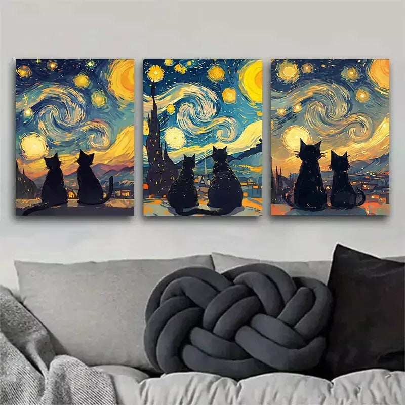 3-Piece Starry Cats Night View Art Set - Framed Canvas 50x70cm (20x28in) - High Quality Wall Art Print - Ready to Hang Home Decor for Living Room, Bedroom & Office