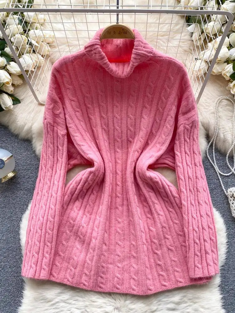 Women's Elegant High Neck Knit Sweater - Warm Winter Pullover with Long Sleeves, Loose Fit Crochet Top for Casual & Office Wear | Cozy Autumn Winter Fashion