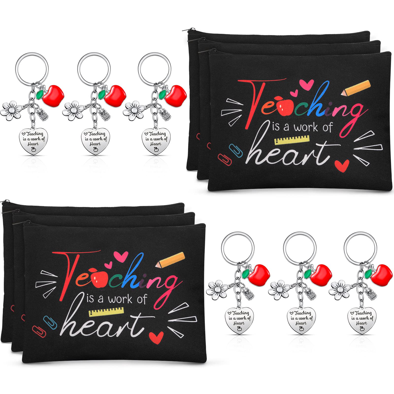 12 PCS Teacher Appreciation Gift Set - 6 Cosmetic Makeup Bags & 6 Keychains - Perfect for Valentine's Day, Graduation, Thank You Gifts - Ideal for Teachers, Students, Coworkers (Fresh Style)