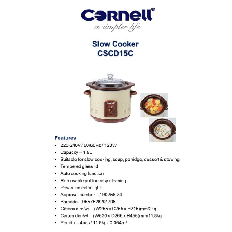 Cornell Electric Slow Cooker 1.5L Ceramic Pot - Small Crock Pot for Soups, Stews & Meals - Perfect for Dorm Rooms, Offices & Small Kitchens