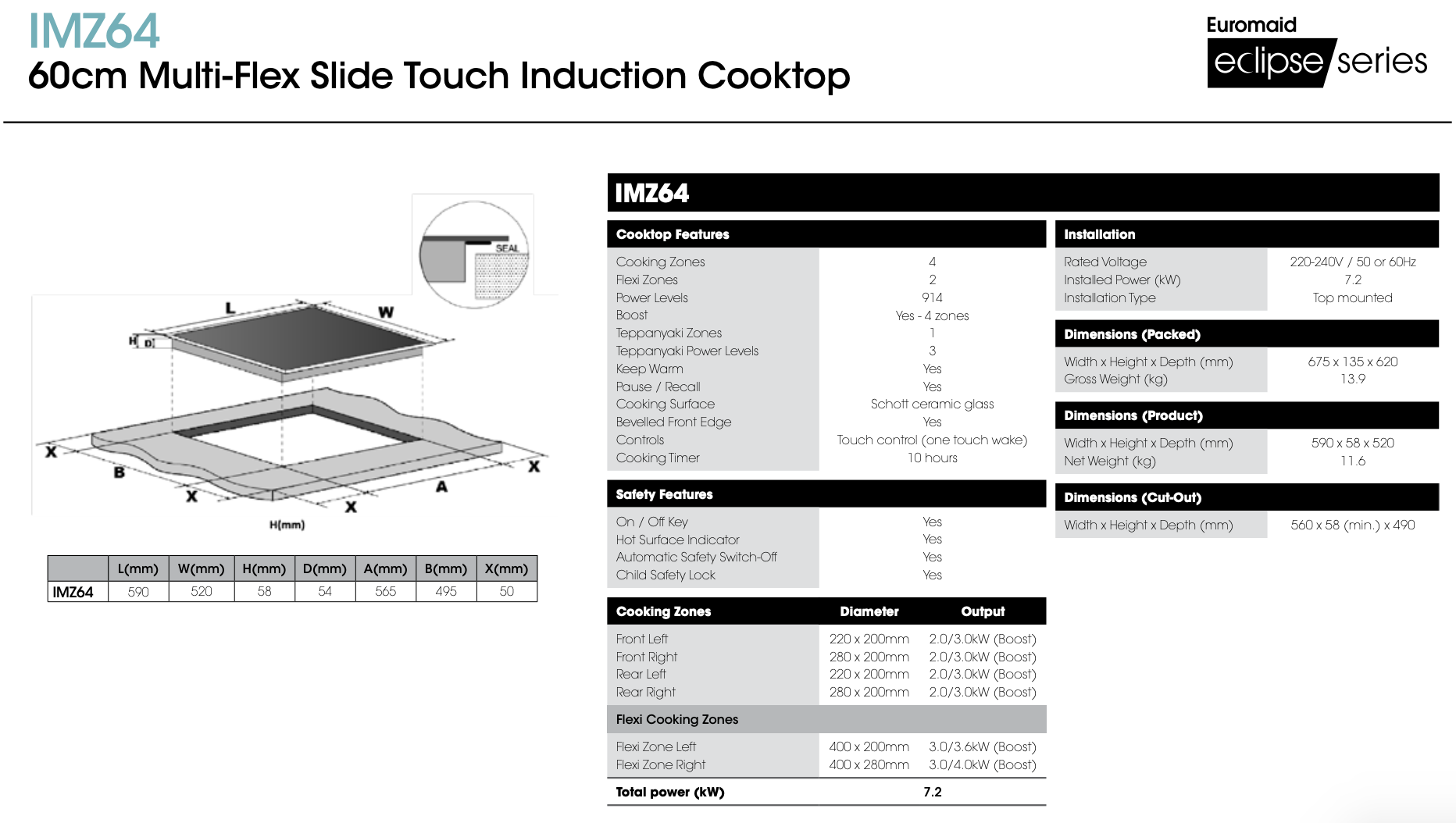 Euromaid IMZ64 60cm 4-Zone Induction Cooktop with MultiFlex Technology - Black | Fast Heating, Energy Efficient Stove for Modern Kitchens, Perfect for Home Cooking & Entertaining