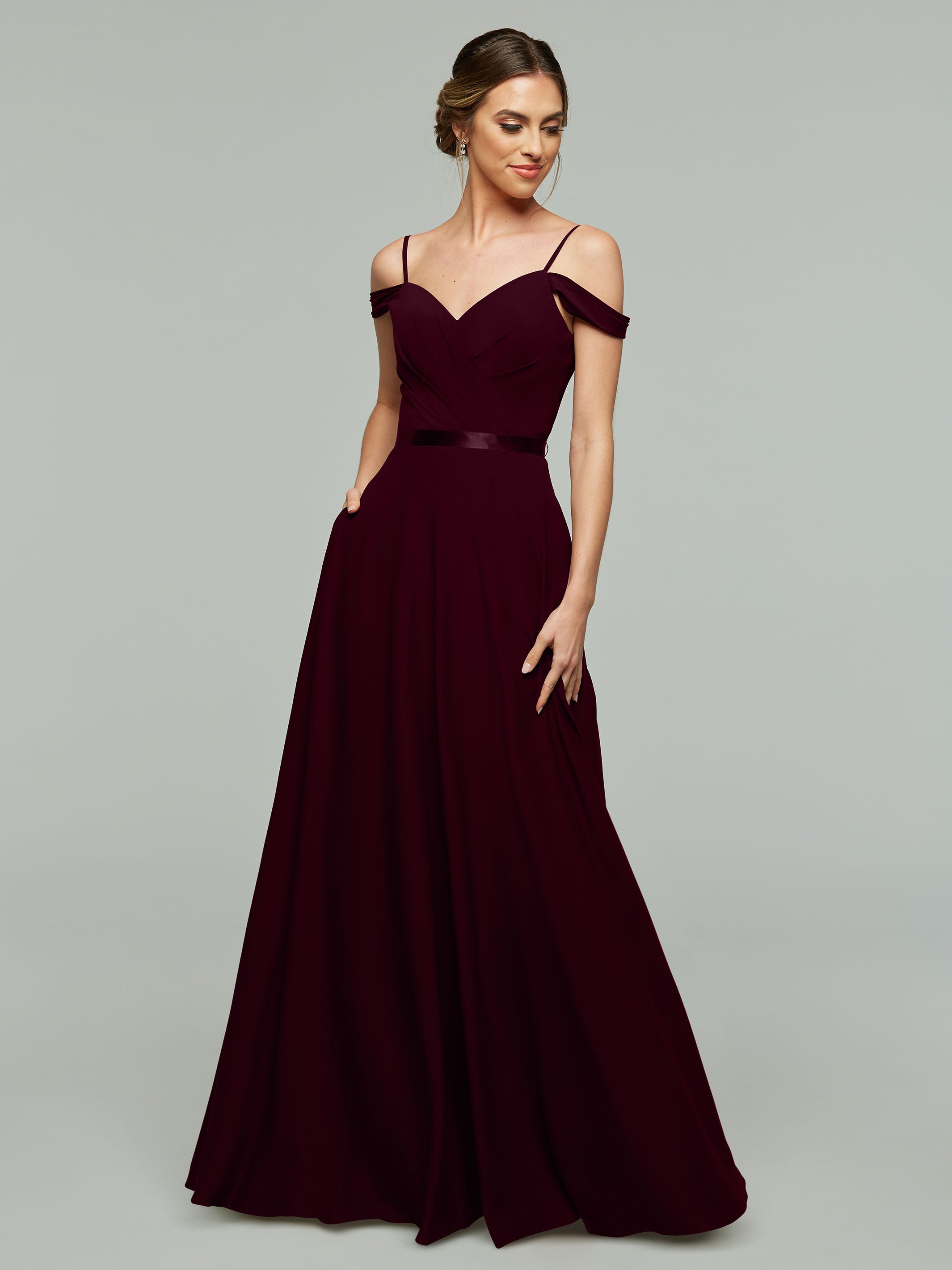 Elegant 80106 Off-The-Shoulder Stretch Chiffon A-Line Bridesmaid Dress with Sash - Perfect for Weddings, Formal Events & Special Occasions