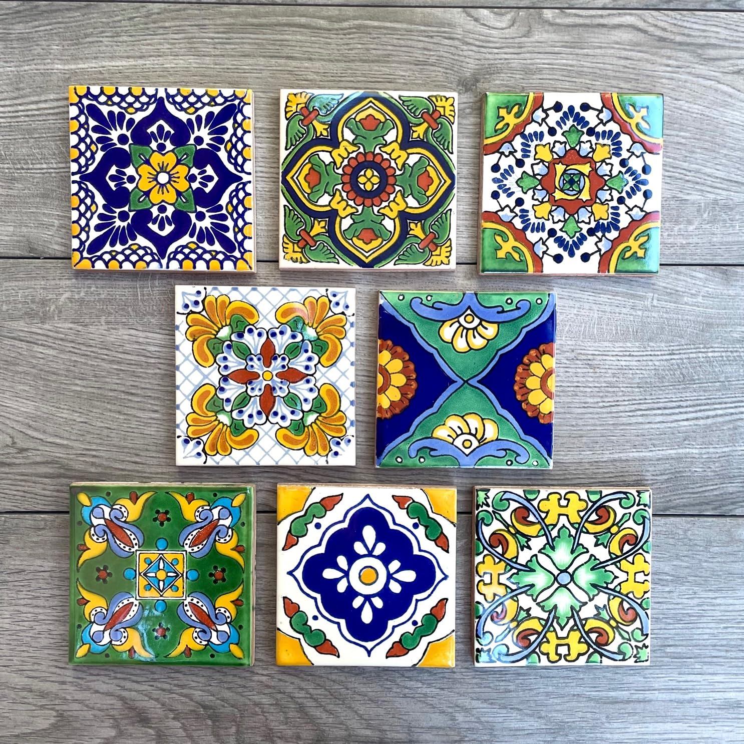 8-Piece Mexican Tile Coaster Set - Colorful Handmade Ceramic Drink Coasters for Coffee Table, Bar & Home Decor - Perfect for Protecting Surfaces from Hot & Cold Beverages