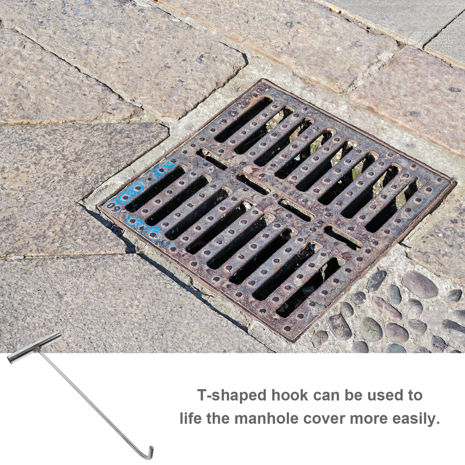 DOITOOL 15 Inch Heavy Duty Stainless Steel Manhole Cover Hook - Storm Drain Lifting Tool for Sewer, Utility & Maintenance Work - Durable Hand Hook for Manhole Covers, Grates & Drainage Systems