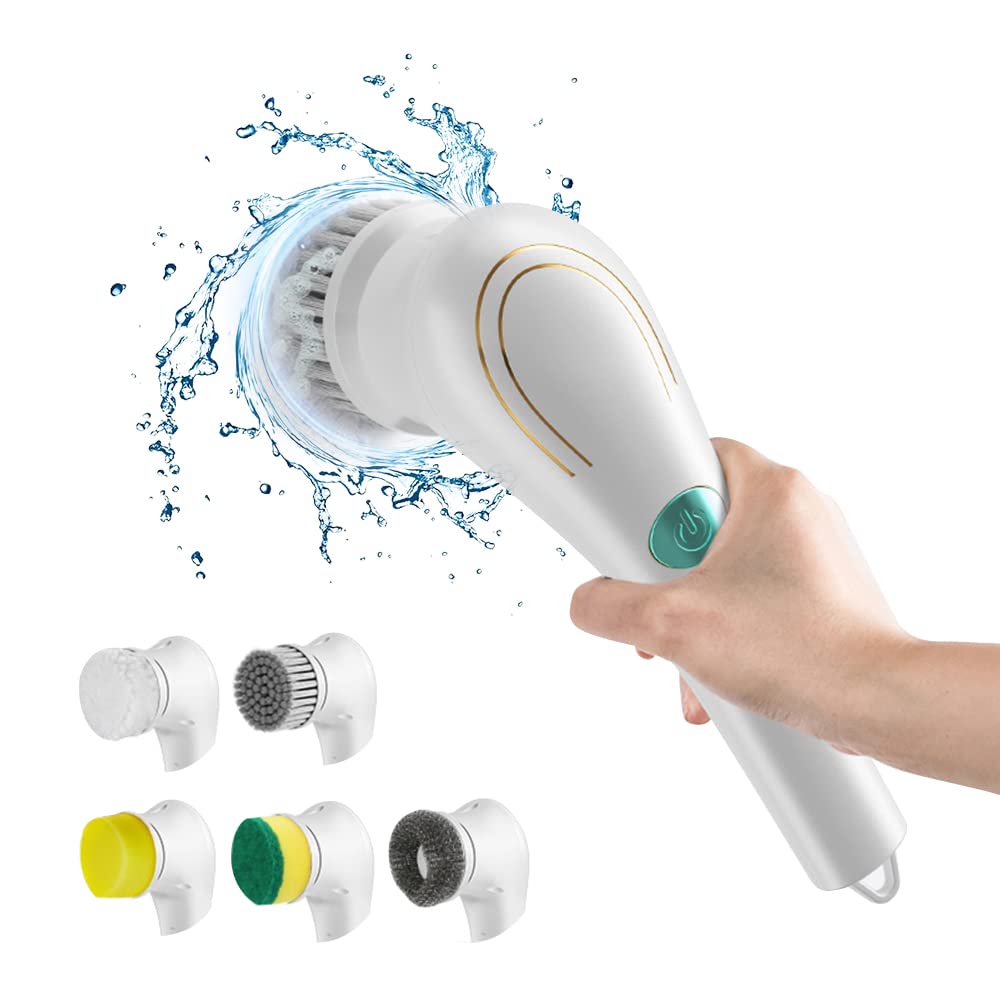 Saknaop 5 Brush Heads Cordless Electric Spin Scrubber - Rechargeable Cleaning Brush for Bathroom, Kitchen, Tile & Grout | Perfect for Bathtub, Toilet, Window, Sink & Dish Cleaning | 2022 Upgraded Model