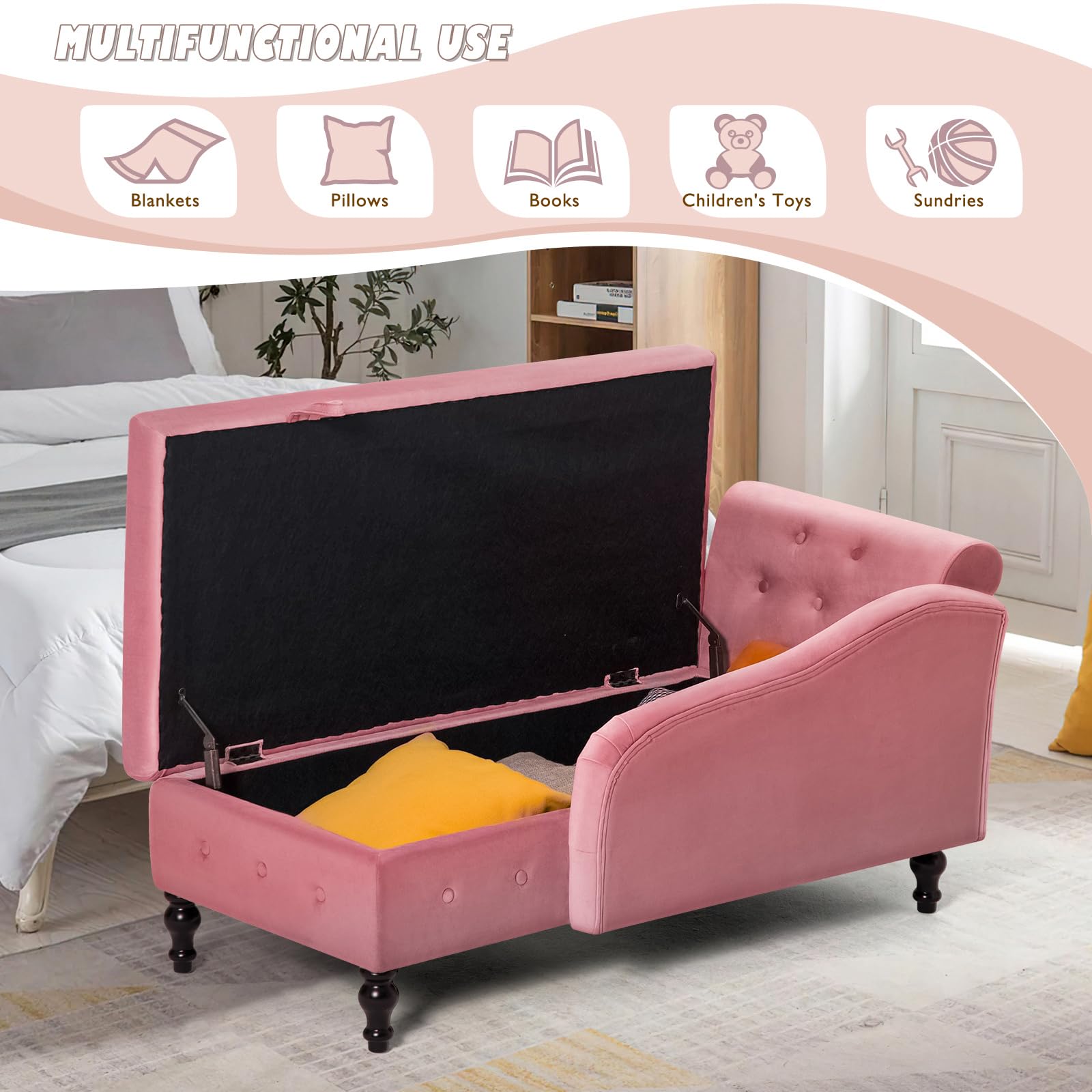 Velvet Upholstered Chaise Lounge with Left Armrest & Storage Space, Button Tufted Modern Lounge Chair with Lumbar Pillow - Pink Accent Furniture for Bedroom, Living Room & Office - Perfect for Relaxing, Reading or Napping