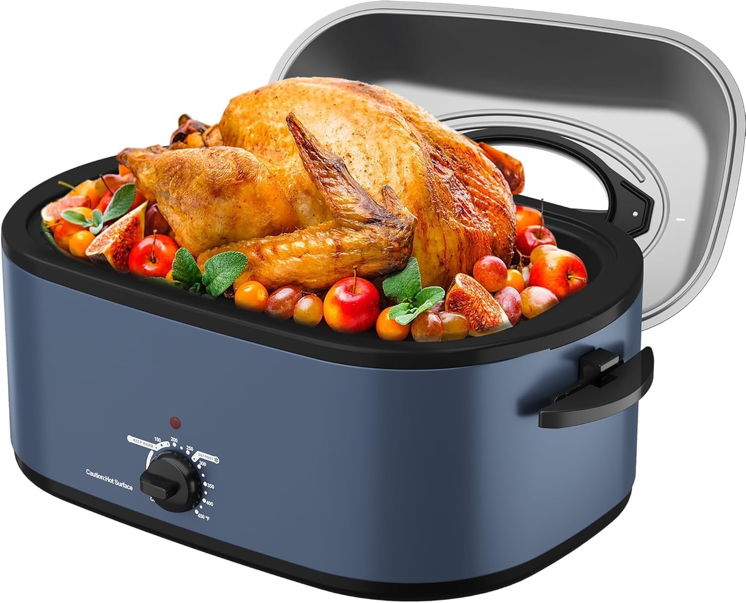 Sunvivi 28-Quart Electric Roaster Oven with Glass Lid - Self-Basting Turkey Roaster, Detachable Pan & Cool-Touch Handles (Blue) - Perfect for Thanksgiving, Holiday Cooking & Large Family Gatherings