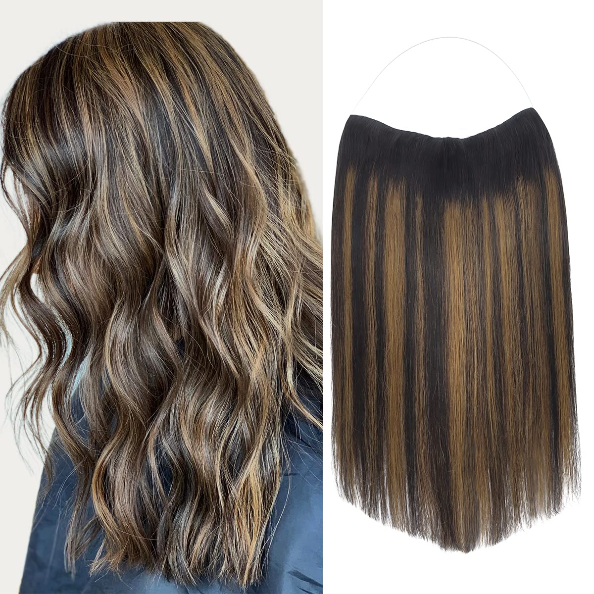 Marat 14 Inch 75g Wire Hair Extensions - Natural Black Mixed Chestnut Brown Remy Human Hair with Invisible Fish Line - Real Human Hair Extensions for Daily Wear, Parties & Special Occasions