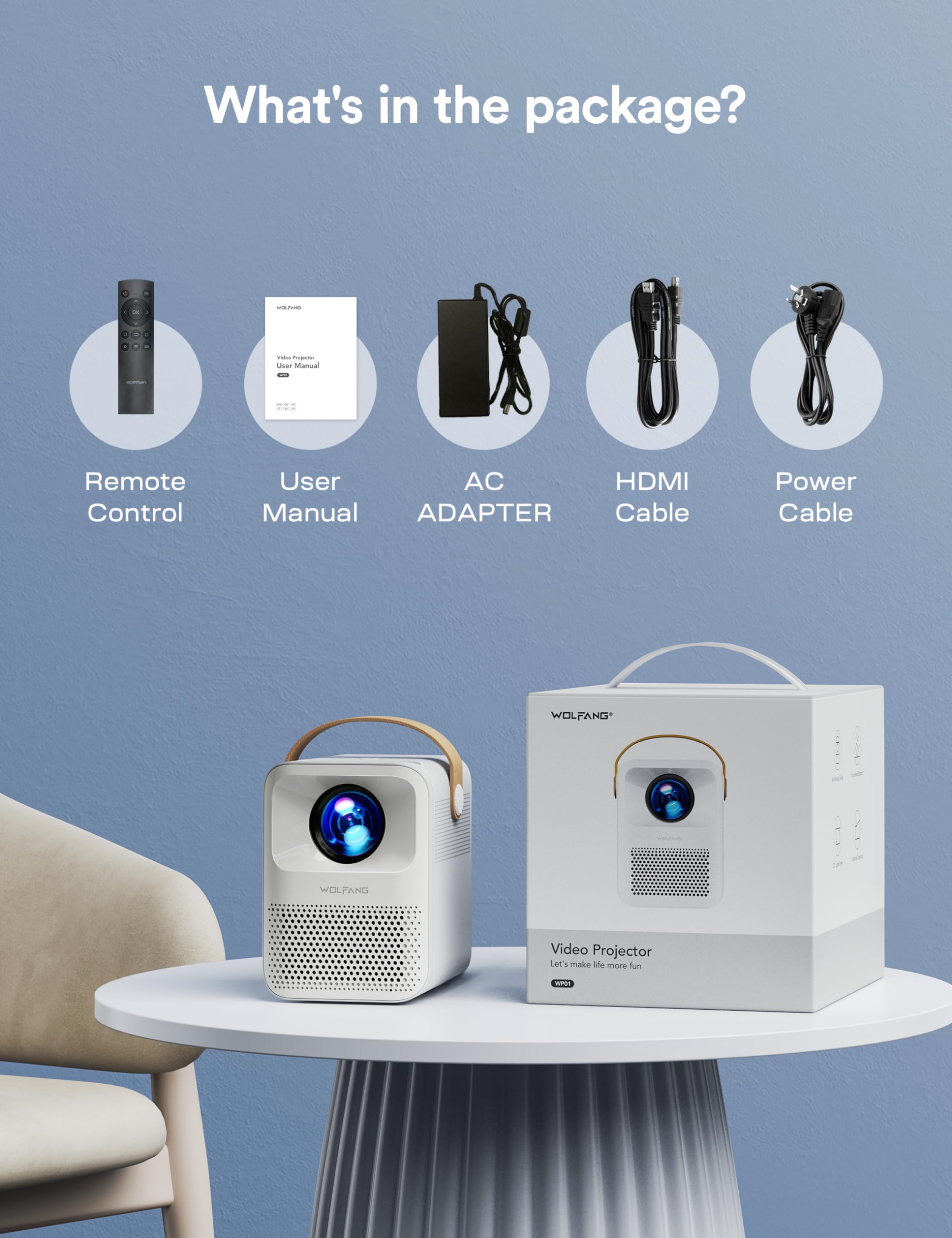 WOLFANG 4K Mini Projector - 15000L Portable Movie Projector with 5G WiFi & Bluetooth, 200