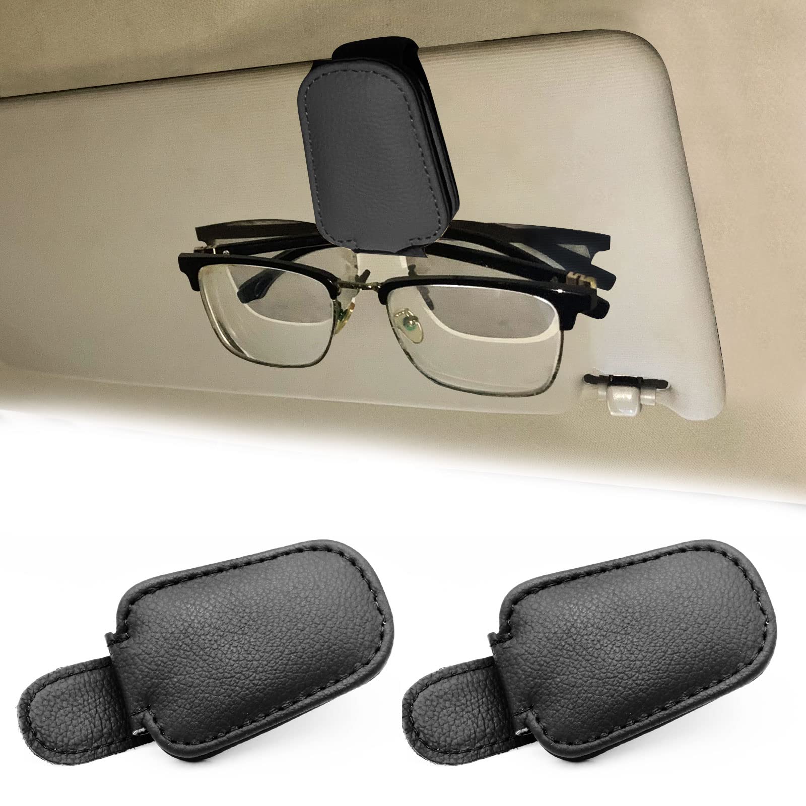 2 Pack Magnetic Leather Car Visor Sunglass Holder - Black Eyeglass Hanger Clip for Car Sun Visor | Perfect for Road Trips, Commuting & Keeping Sunglasses Organized While Driving