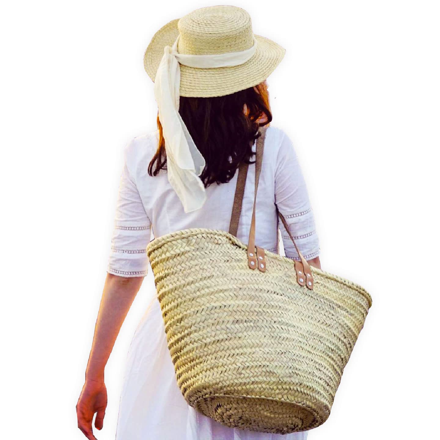 Stylish French Basket with Double Flat Leather Handles - Straw Woven Beach Bag, Shopping Tote & Market Basket - Perfect for Beach Outings, Picnics & Farmers Market Trips