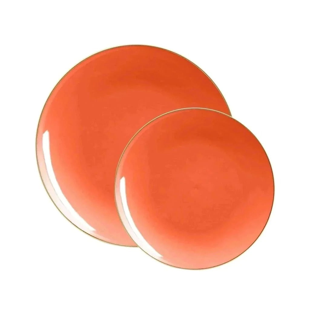 Orange & Gold Rim Round Plastic Plates - Eco-Friendly Disposable Plates for Parties, Picnics & Events - BPA-Free & Durable Dinnerware for Home & Outdoor Use