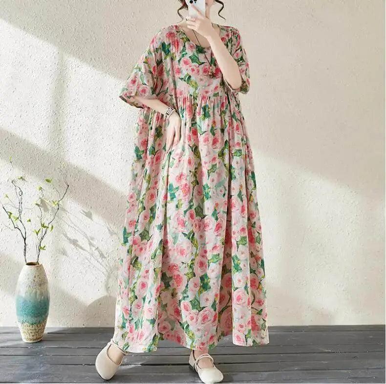 Women's Bohemian Green Summer Floral Print Dress - Flowy Maxi Dress for Beach Vacation, Music Festival & Casual Outings