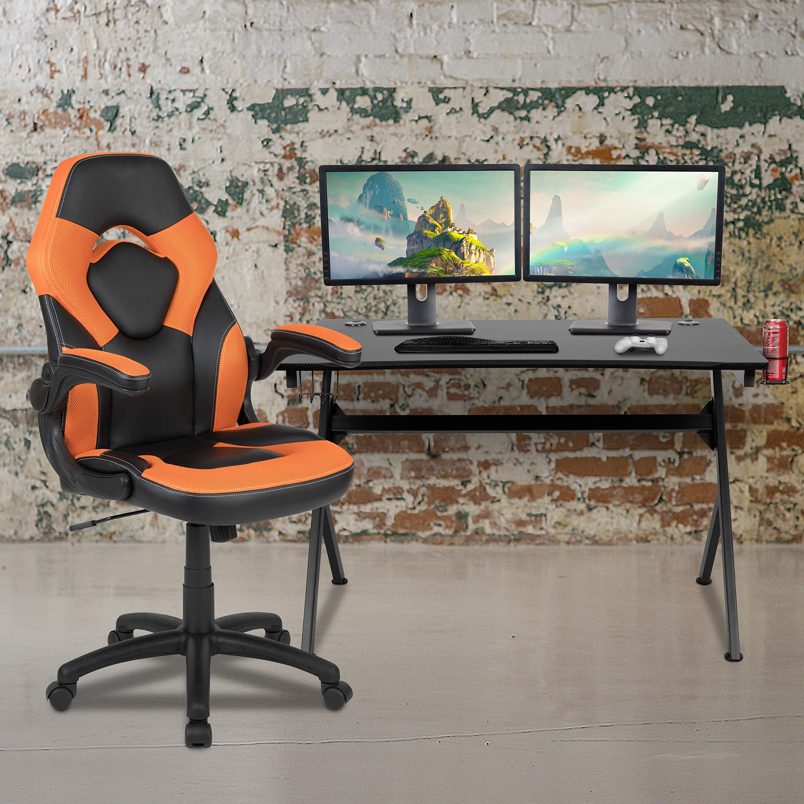 Flash Furniture Optis Black Gaming Desk and Orange/Black Racing Chair Set with Cup Holder, Headphone Hook & 2 Wire Management Holes - Perfect for Home Office, Gaming Setup & Esports Tournaments