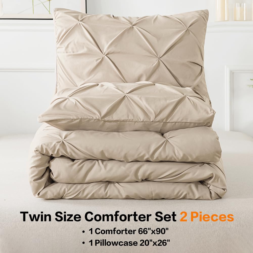 Andency Khaki Pinch Pleat Comforter Set Twin Size 66x90 Inch - 2 Piece Microfiber All Season Down Alternative Bedding (Comforter + Pillowcase) - Soft Pintuck Design for Cozy Bedroom Decor & Guest Room Essentials