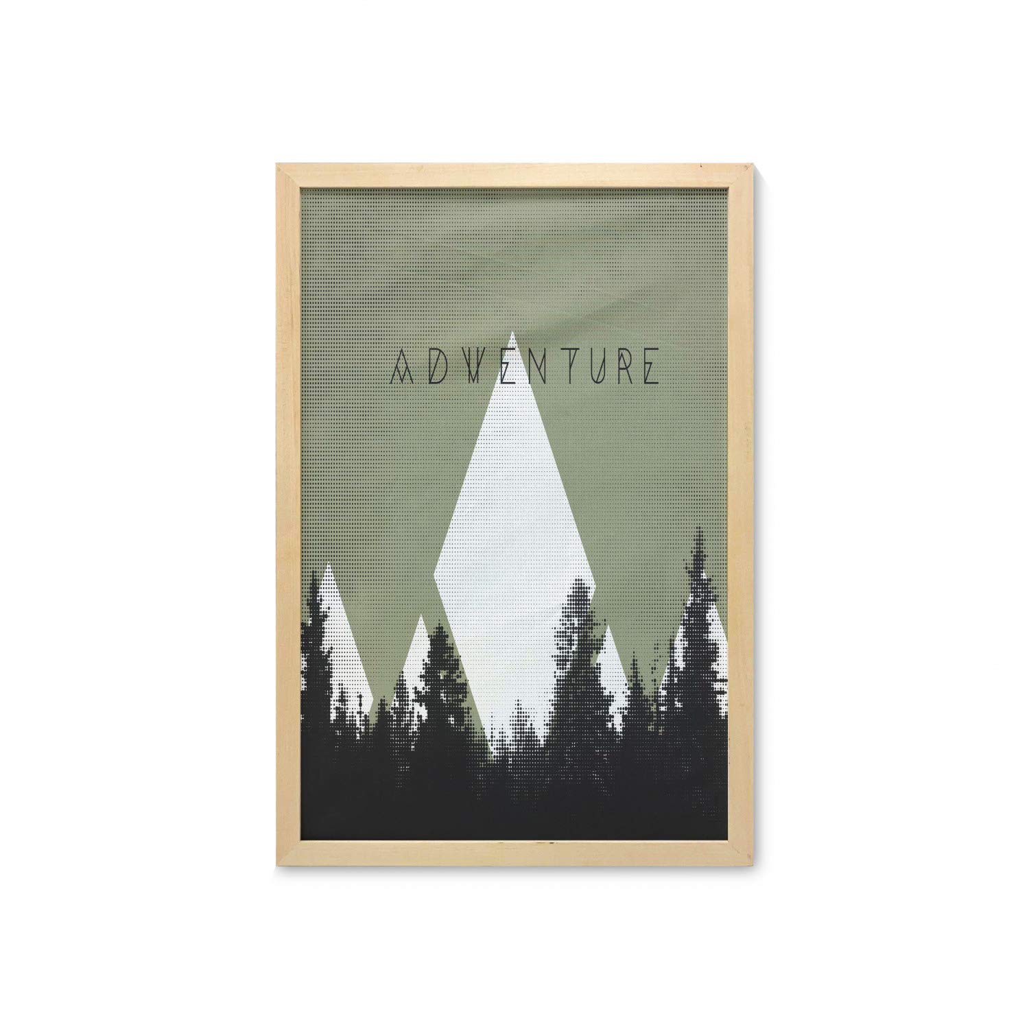 Ambesonne Adventure Wall Art with Frame - Forest Halftone Effect Camping Poster for Mountain Lovers, 23x35 Inch Printed Fabric Wall Decor in Army Green, Black & White | Perfect for Living Room, Bedroom, Dorm & Bathroom Decor