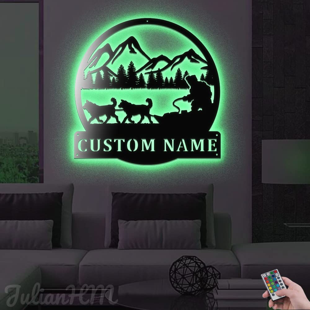 Custom LED Light Up Sled Dog Racing Metal Wall Art - Personalized Dog Name Sign - 18x18 Inch Dogsled Home Decor for Living Room, Bedroom, Office - Unique Gift for Dog Lovers & Winter Sports Enthusiasts