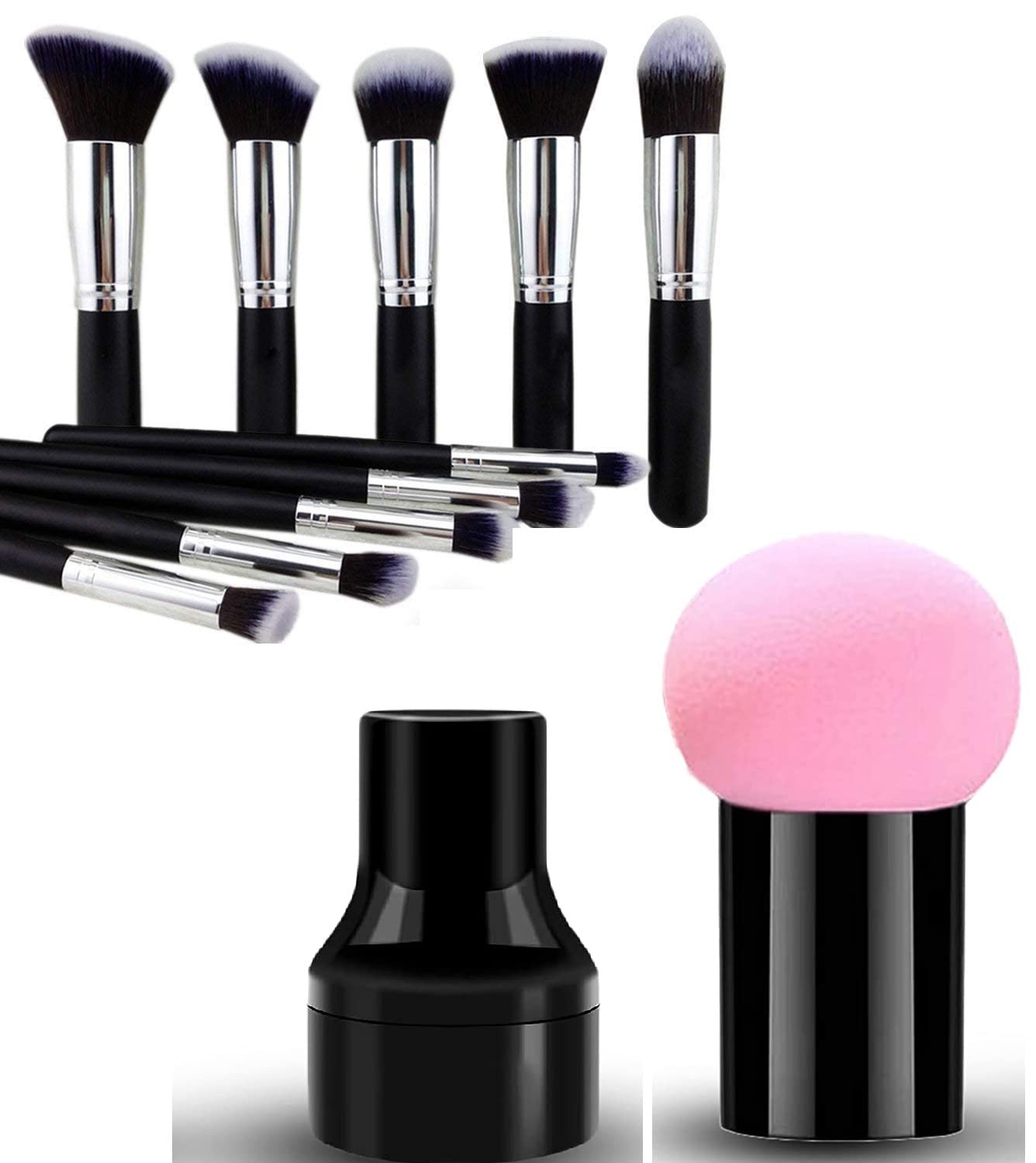 Premium 10-Piece Fiber Bristle Makeup Brush Set with Blender Sponge - Soft Black Makeup Brushes for Foundation, Blending & Contouring | Perfect for Professional Makeup Artists & Beginners at Home