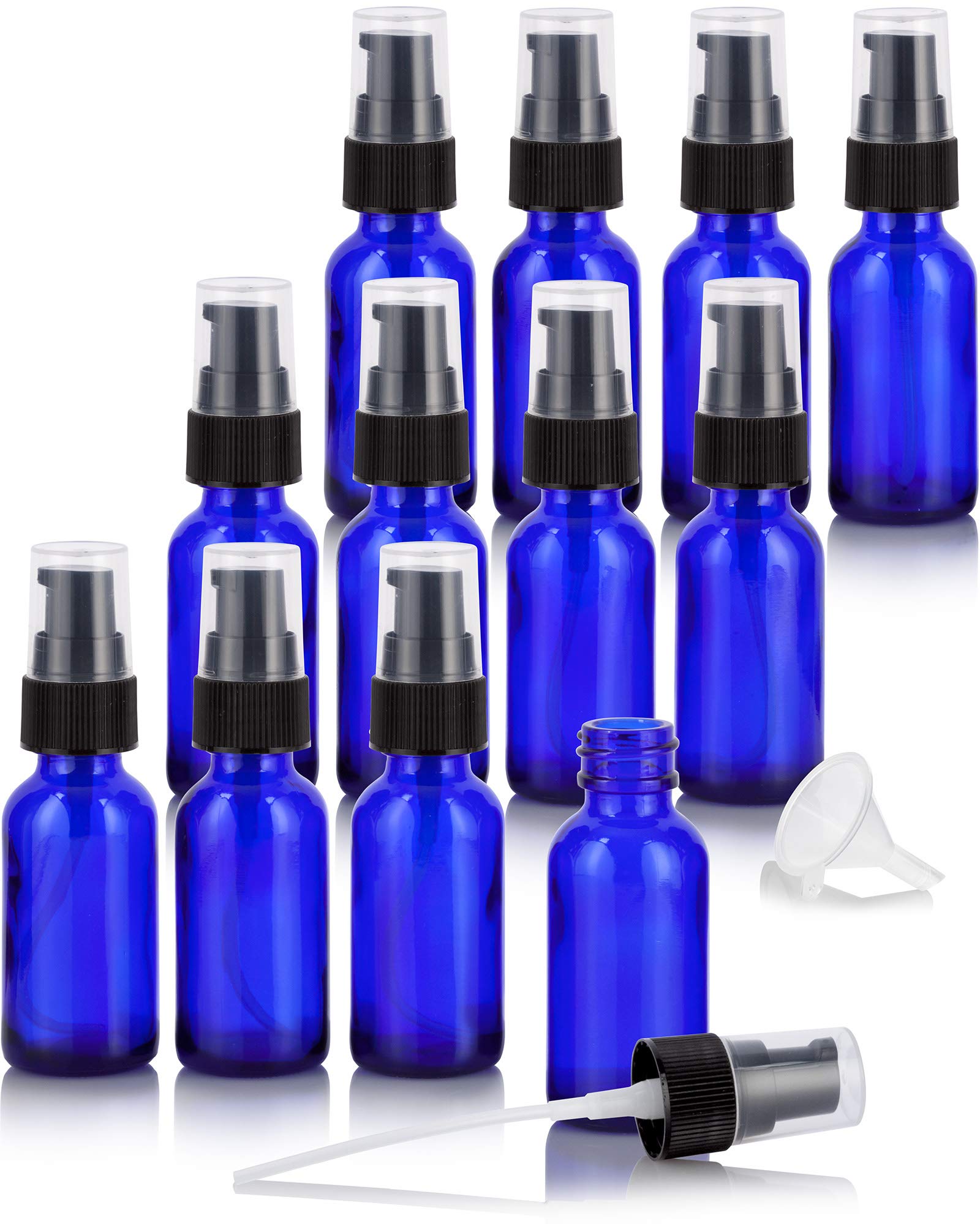 JUVITUS 12 Pack 1 oz Cobalt Blue Glass Boston Round Bottles with Black Treatment Pump & Funnel - Essential Oil, Lotion, and DIY Beauty Supplies Storage - Perfect for Home, Salon, and Travel Use