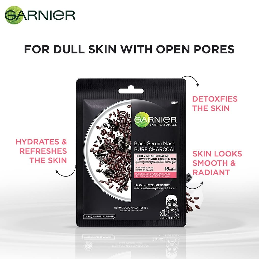 Garnier Skin Naturals Black Serum Face Mask - Hydrating & Purifying for Glowing Skin (3-Pack, 84g) | Perfect for Spa Nights & Skincare Routine