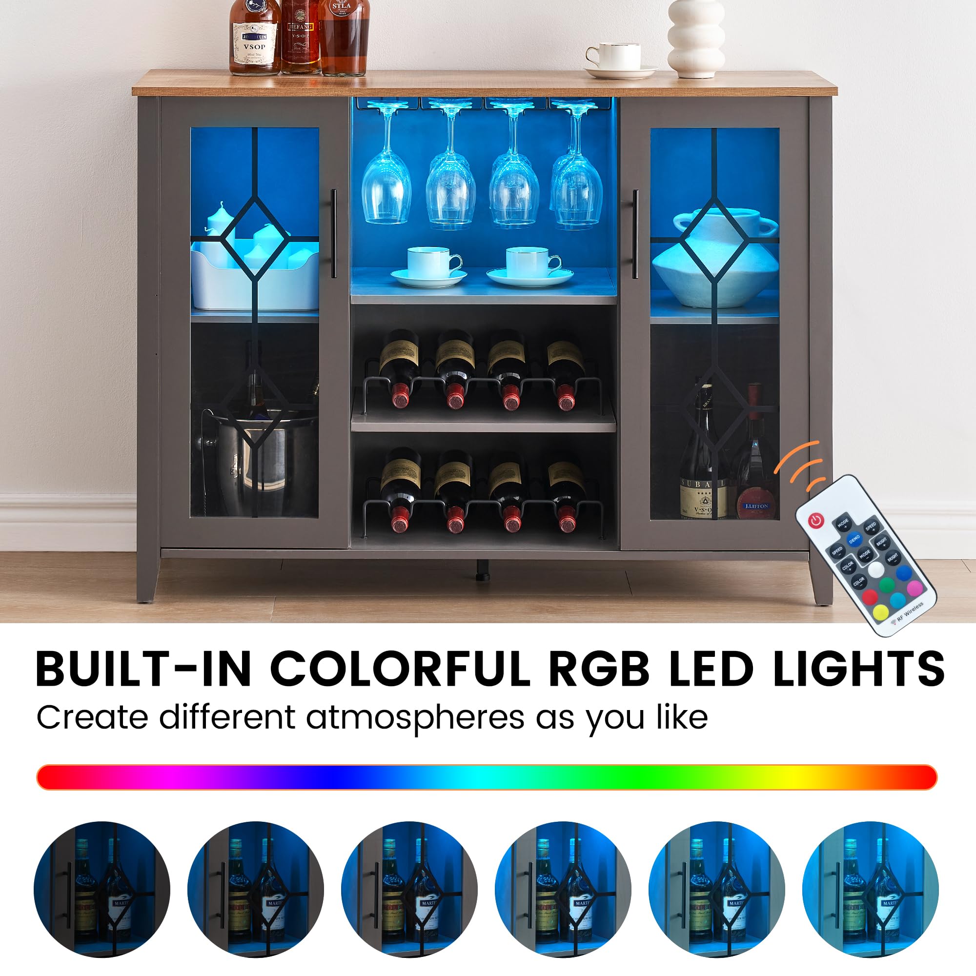 IDEALHOUSE Wine Bar Cabinet with LED Light - Modern Home Coffee Cabinet with Wine & Glass Rack, Kitchen Buffet Sideboard with Storage - Stylish Liquor Cabinet for Bar, Dining Room & Kitchen (Dark Grey) - Perfect for Entertaining, Home Decor & Small Space Storage