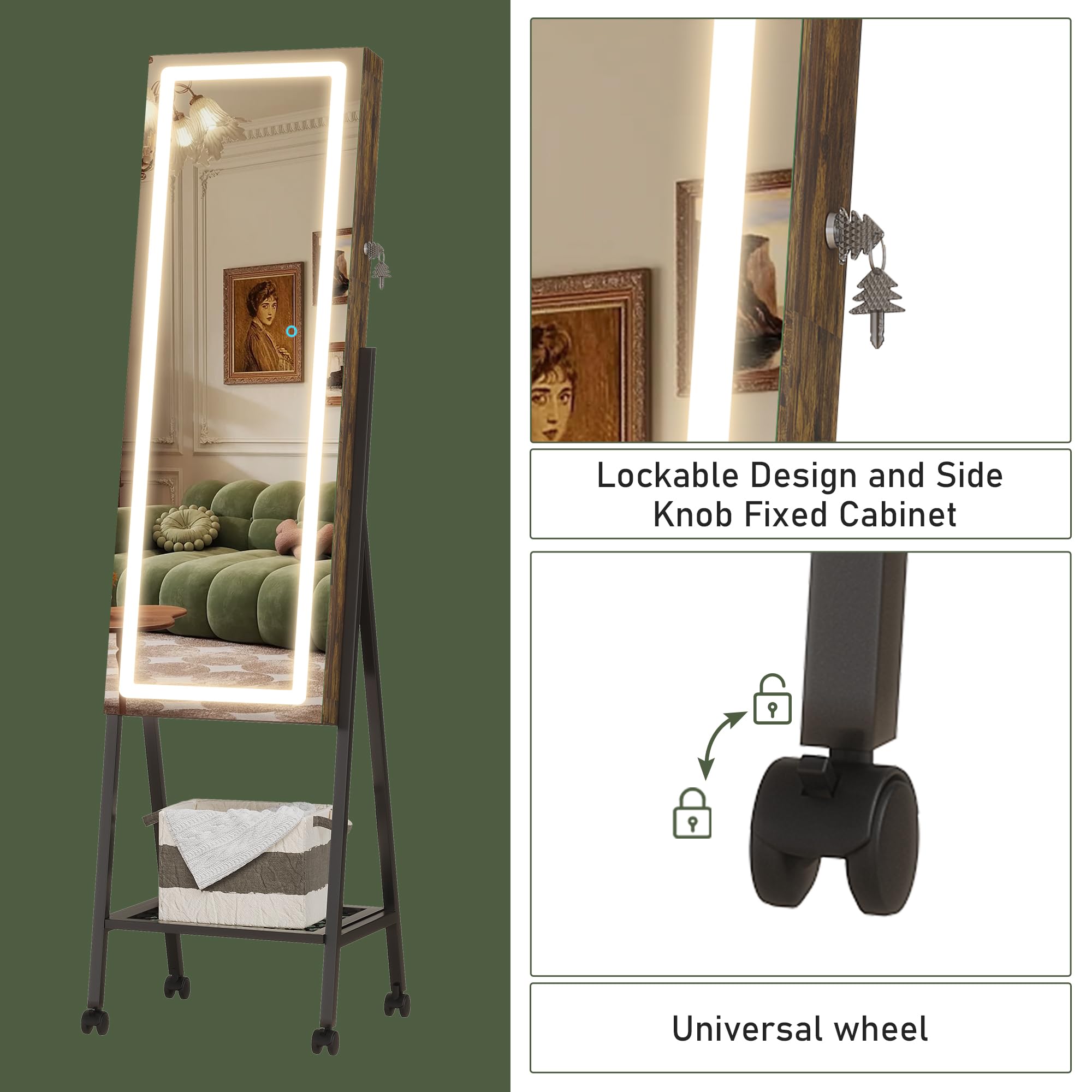 Full-Length LED Standing Mirror with Jewelry Storage - Smart Touch Control, 6 Color Lighting, Lockable Cabinet & Removable Wheels - Perfect for Bedroom, Dressing Room & Vanity Organization
