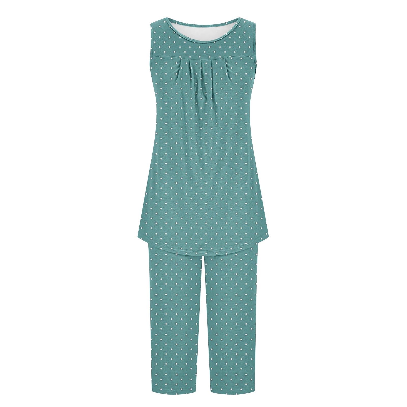 Women's Soft Sleeveless Pajama Set - Loose Fit Pleated Print Tank Top & Capri Pants Lounge Wear | Trendy Sleepwear for Summer Nights, Vacation & Relaxing at Home
