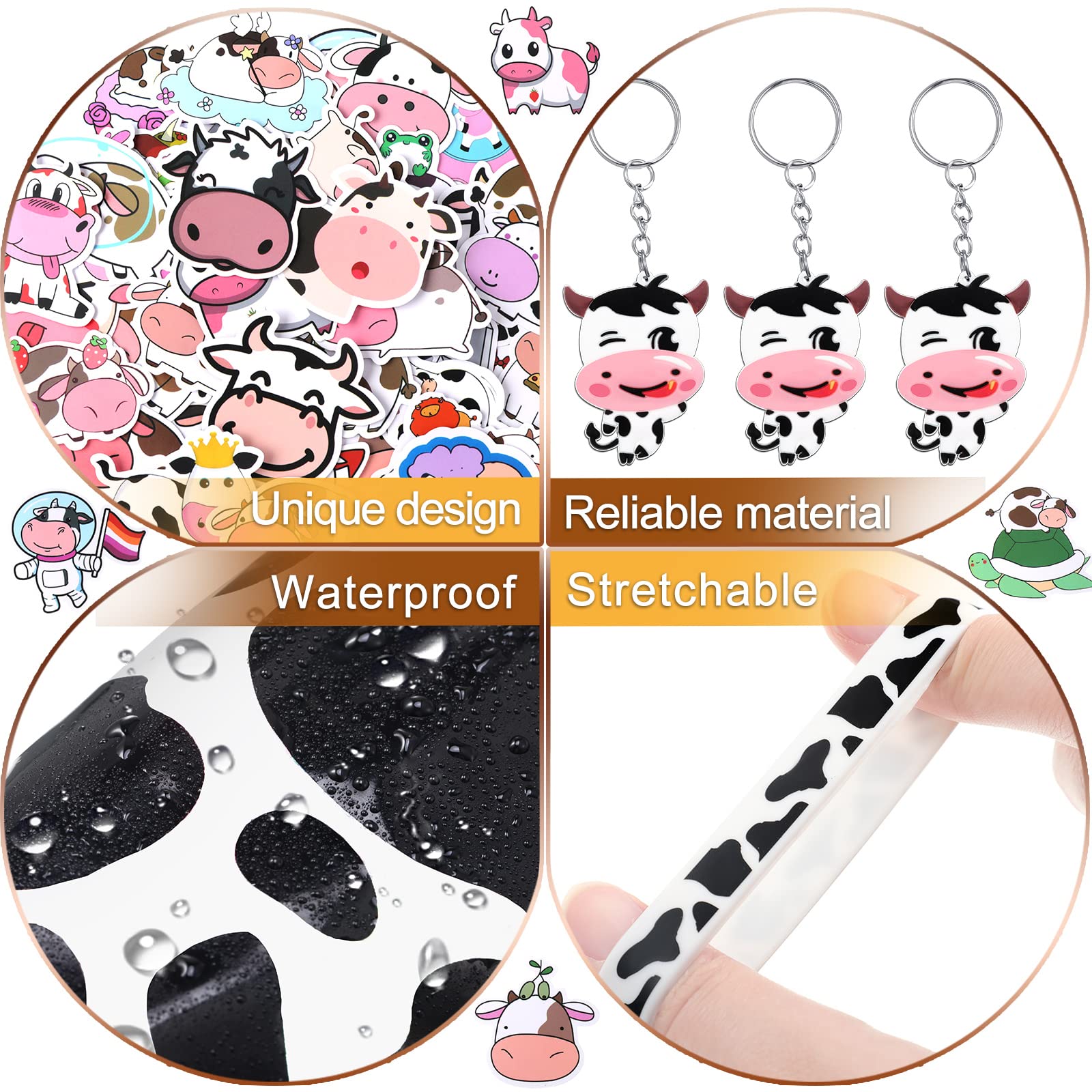 Chunful 148 Pcs Cow-Themed Party Favors Kit - Includes Cute Cow Keychains, Printed Gift Bags, Silicone Bracelets & Animal Stickers for Girls Birthday Party, Baby Shower & Cowboy Theme Events (White)