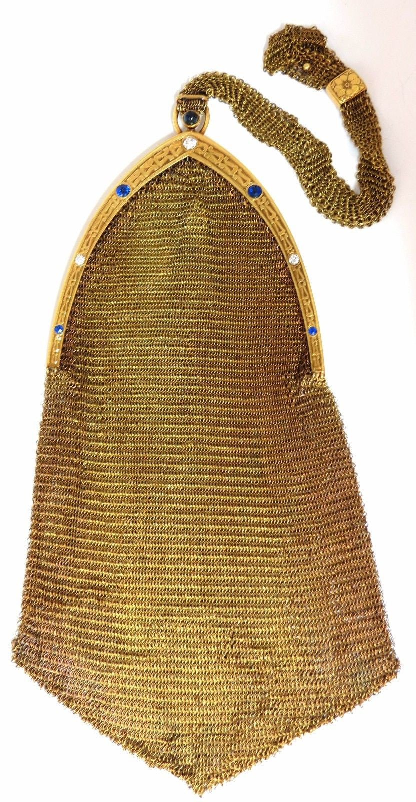 14K Gold Vintage Ladies Purse with 1.00ct Sapphire & Diamonds - Flexible Mesh Strap Handle - Elegant Evening Bag for Parties, Weddings & Special Occasions