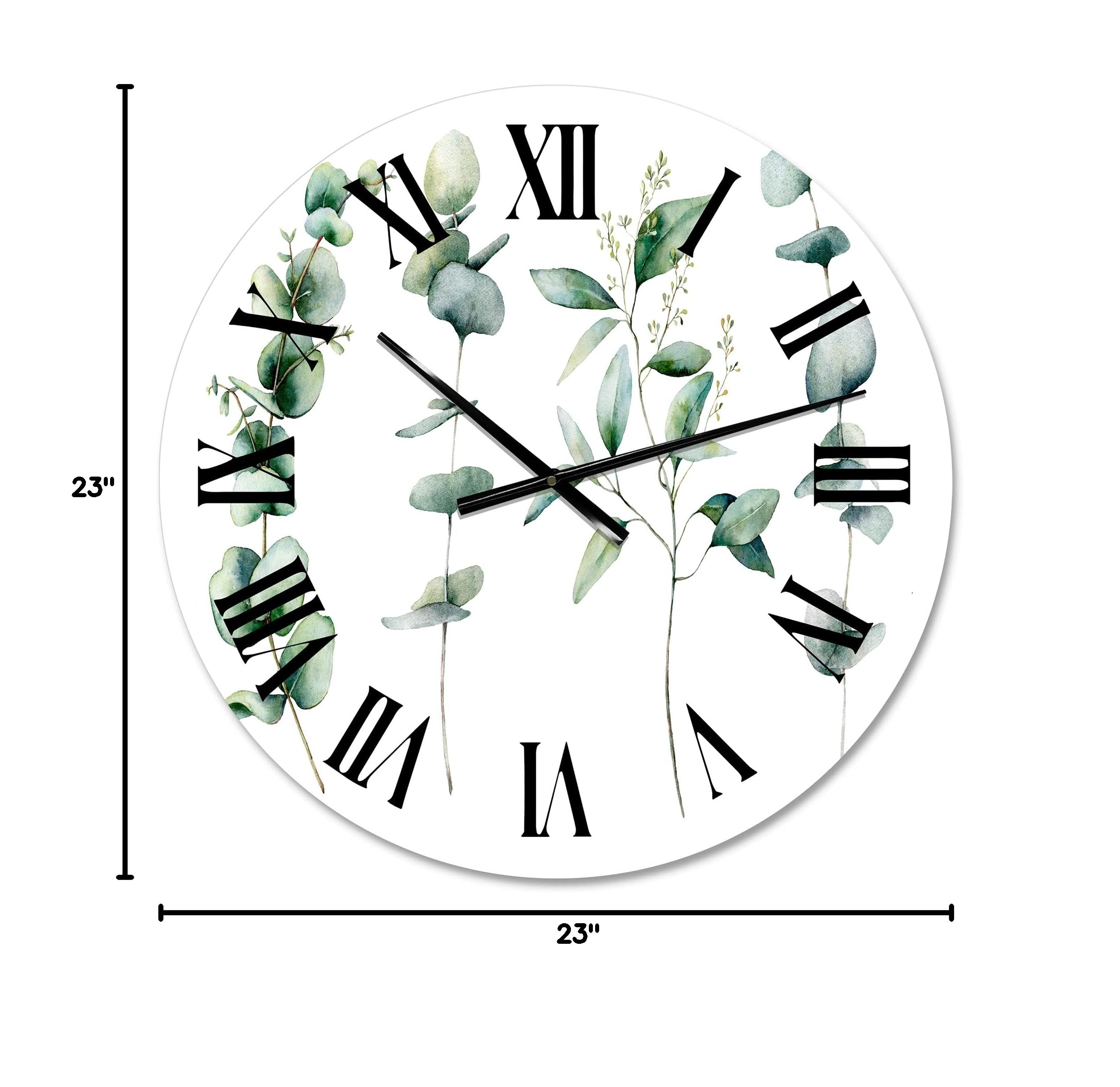 Green Eucalyptus Branches Wall Clock - Large Traditional Floral Botanical Wall Decor for Living Room, Bedroom & Office | Perfect for Home Decor and Gift Giving