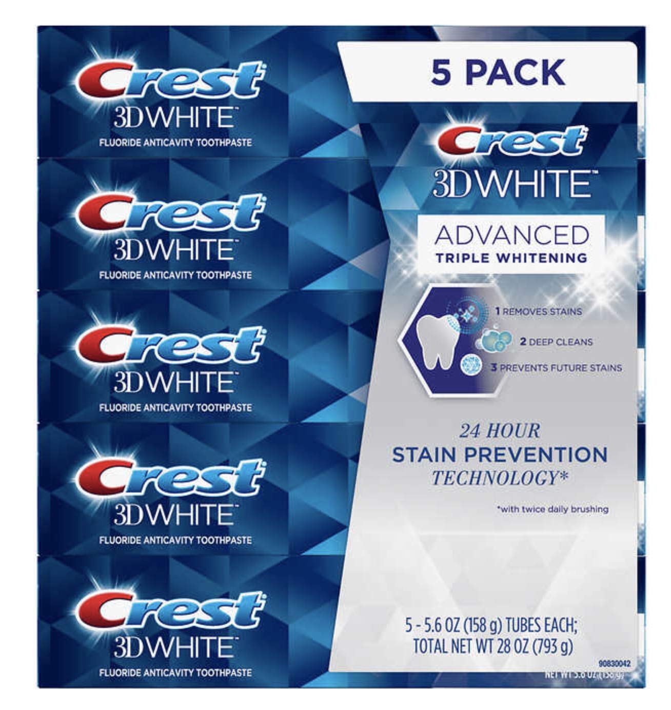 Crest 3D White Advance Whitening Flavoride Anticavity Toothpaste - 5 Pack (5.6 Oz Each, 28 Oz Total) | Professional Teeth Whitening & Cavity Protection | Perfect for Daily Oral Care & Bright Smile Maintenance