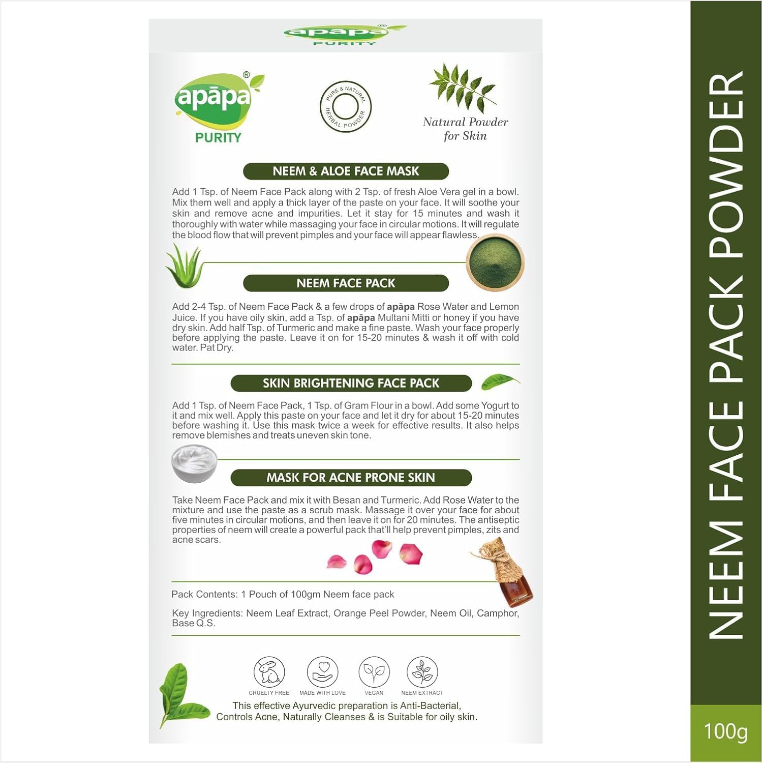 Apapa Neem Face Pack Powder - 100% Natural & Vegan Acne Treatment for Oily Skin, Dandruff Control & Hair Nourishment (100g) | Organic Skincare & Haircare Solution for Glowing Complexion & Healthy Hair