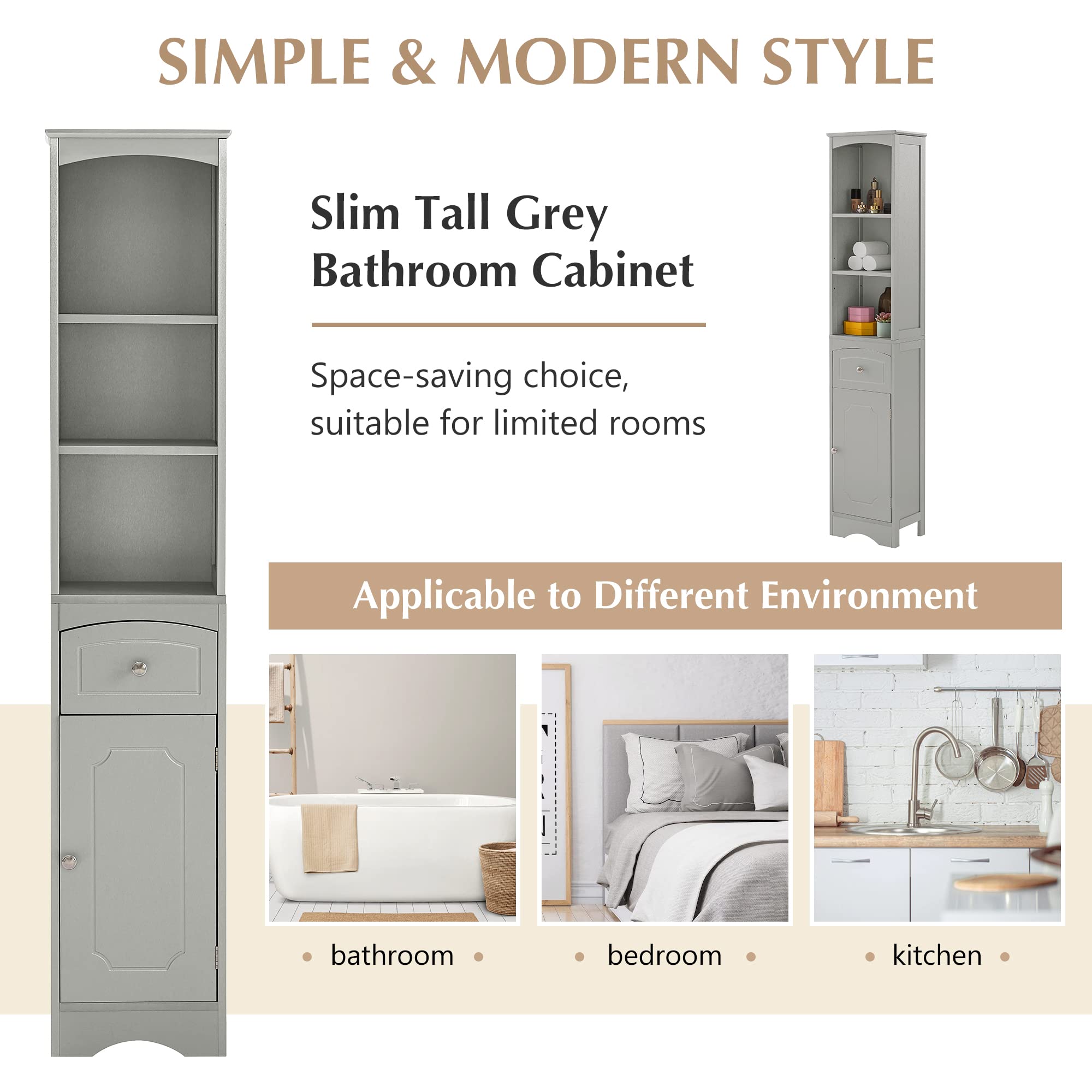 Freestanding Bathroom Storage Cabinet with Doors, Drawer & Shelves - Slim Narrow Linen Tower Organizer for Towels & Toiletries (Grey) - Perfect for Small Bathrooms, Apartments & Powder Rooms