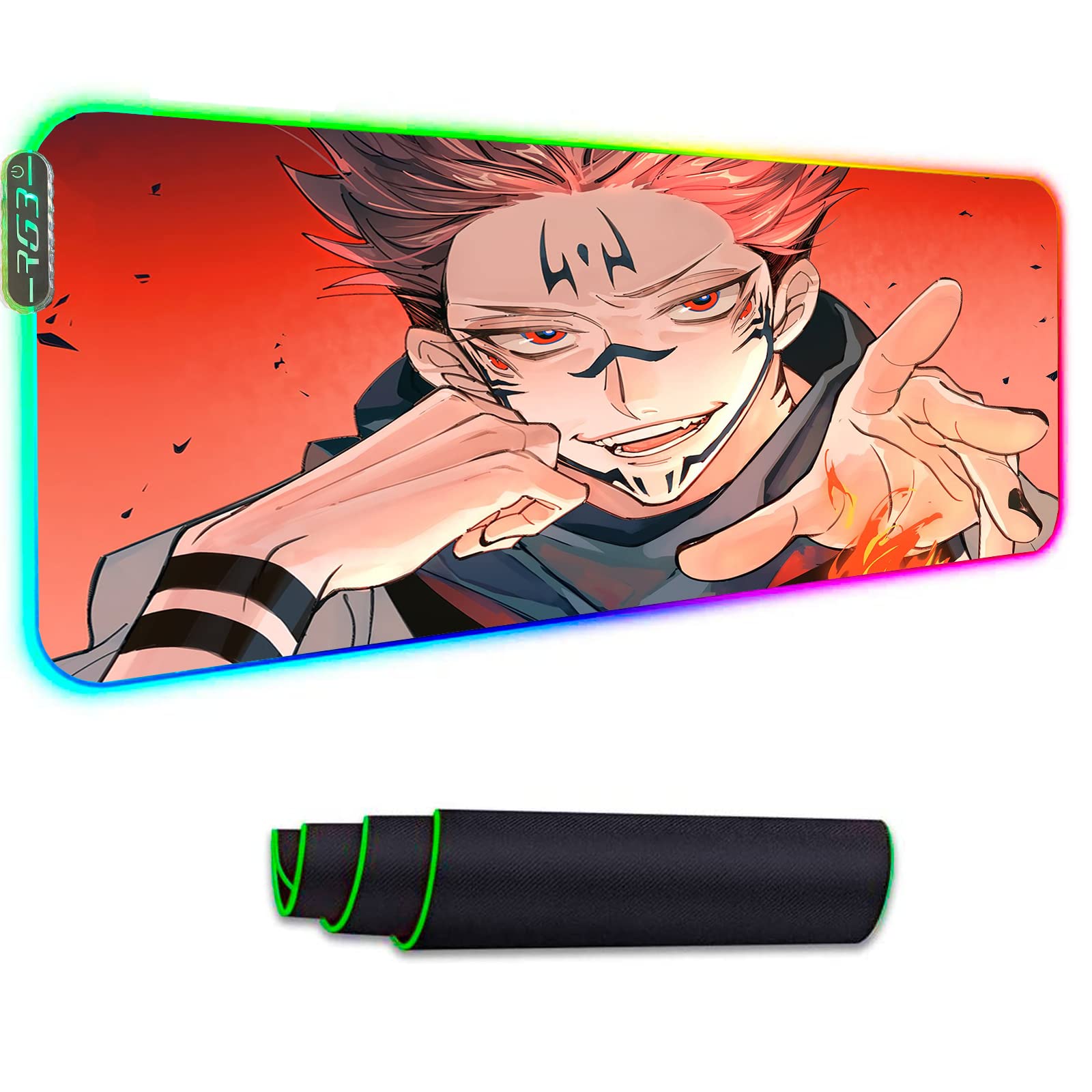 Anime RGB Ryomen Sukuna Gaming Mouse Pad - Large 500x1000mm LED Light Desk Mat for Computer, Colorful Luminous Keyboard & Mouse Surface - Perfect for Gaming Setups, Streaming & Office Workstations