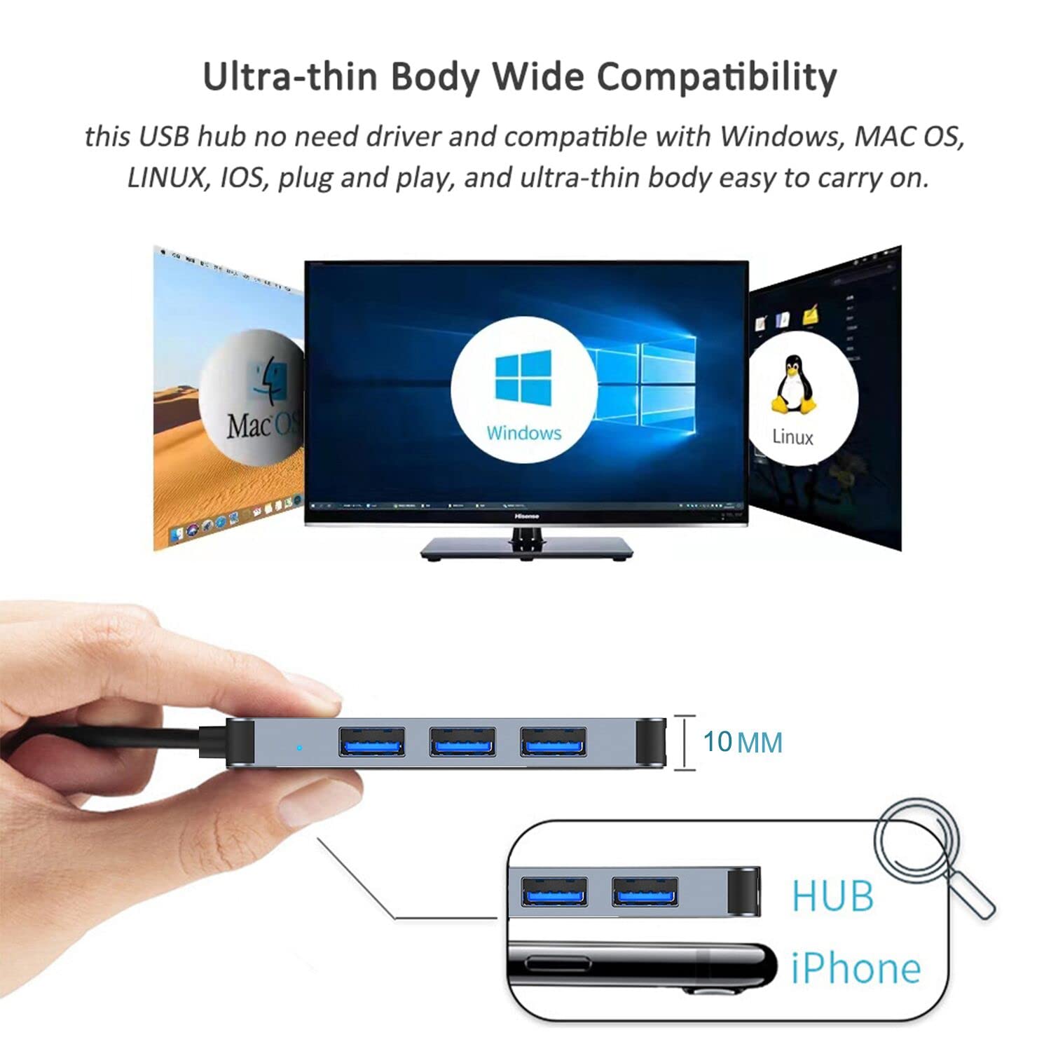 VIENON 4-Port USB 3.0 Hub with USB-C Adapter - High-Speed Data Transfer for MacBook, iMac, PS5, Surface Pro & More | Perfect for Home Office, Gaming & Multi-Device Charging