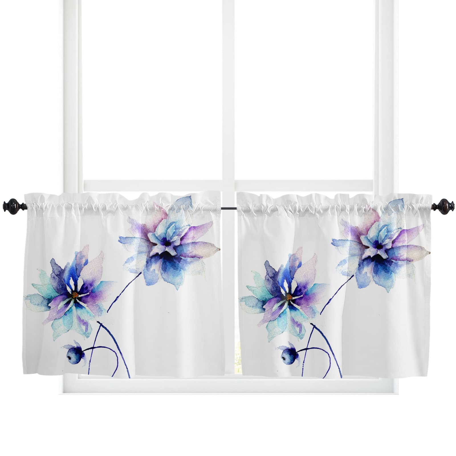 36 Inch Watercolor Flower Cafe Curtains - Rod Pocket Window Treatment for Kitchen, Bathroom & Small Windows (2 Panels) | Perfect for Privacy, Home Decor & Cozy Spaces
