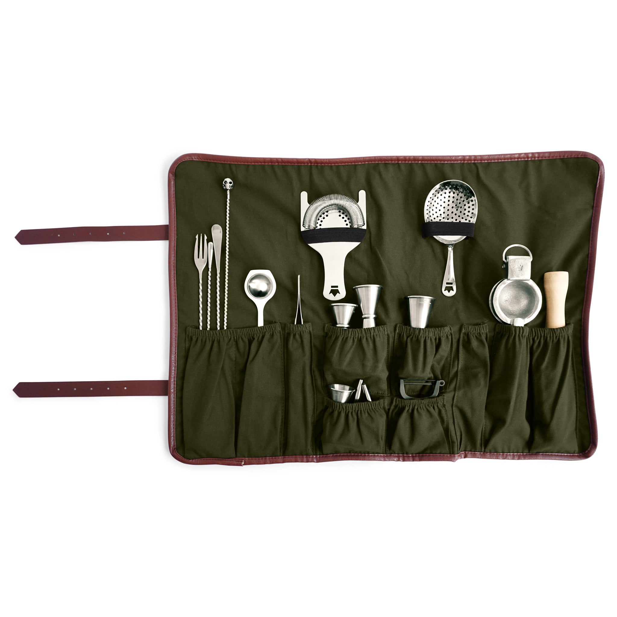 BARWARE ROLL UP - Army Green Canvas Bar Tool Organizer for Cocktail Making, Bartending & Outdoor Parties - Portable & Durable Canvas Drink Accessories Case