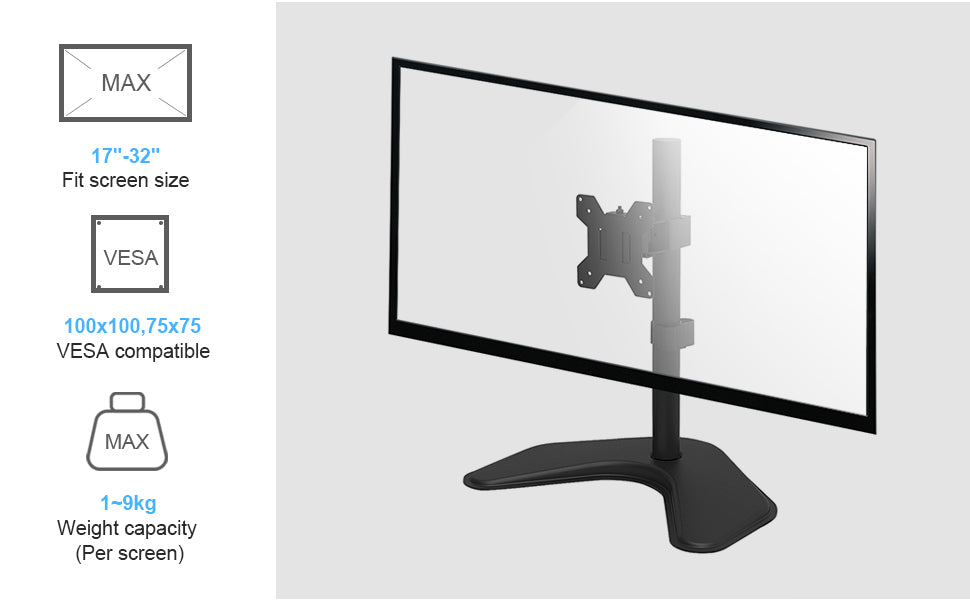 Heavy Duty Adjustable TV Desk Mount Stand for 10-27 Inch Monitors - Free Standing VESA 75x100mm Monitor Arm with 19.8lbs Capacity - Perfect for Home Office, Gaming Setup & Workspace Ergonomics