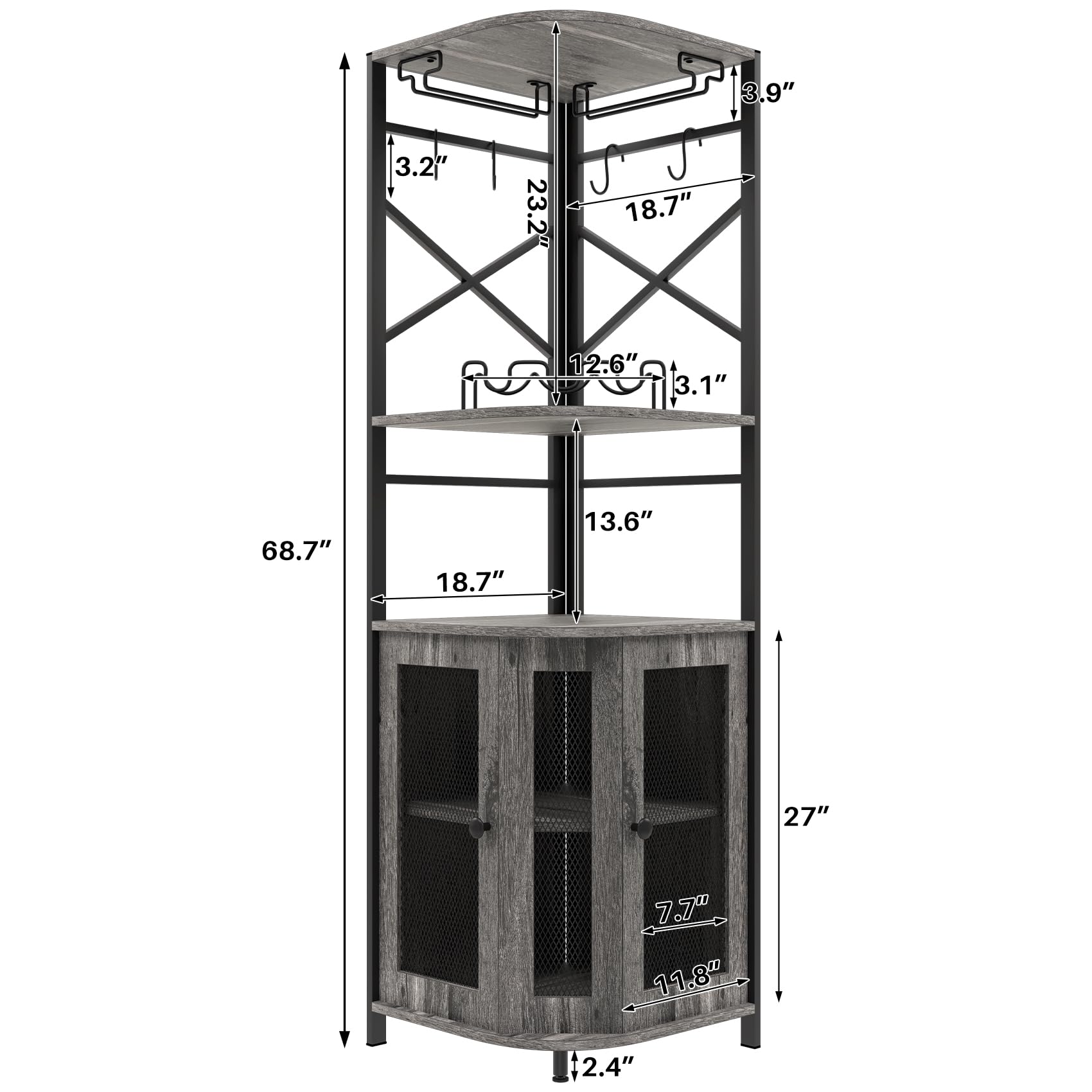 Modern Grey Corner Bar Cabinet with Wine Rack, Glass Holder & Adjustable Shelves - Mesh Door Liquor Storage Cabinet for Home Bar, Dining Room or Entertainment Area