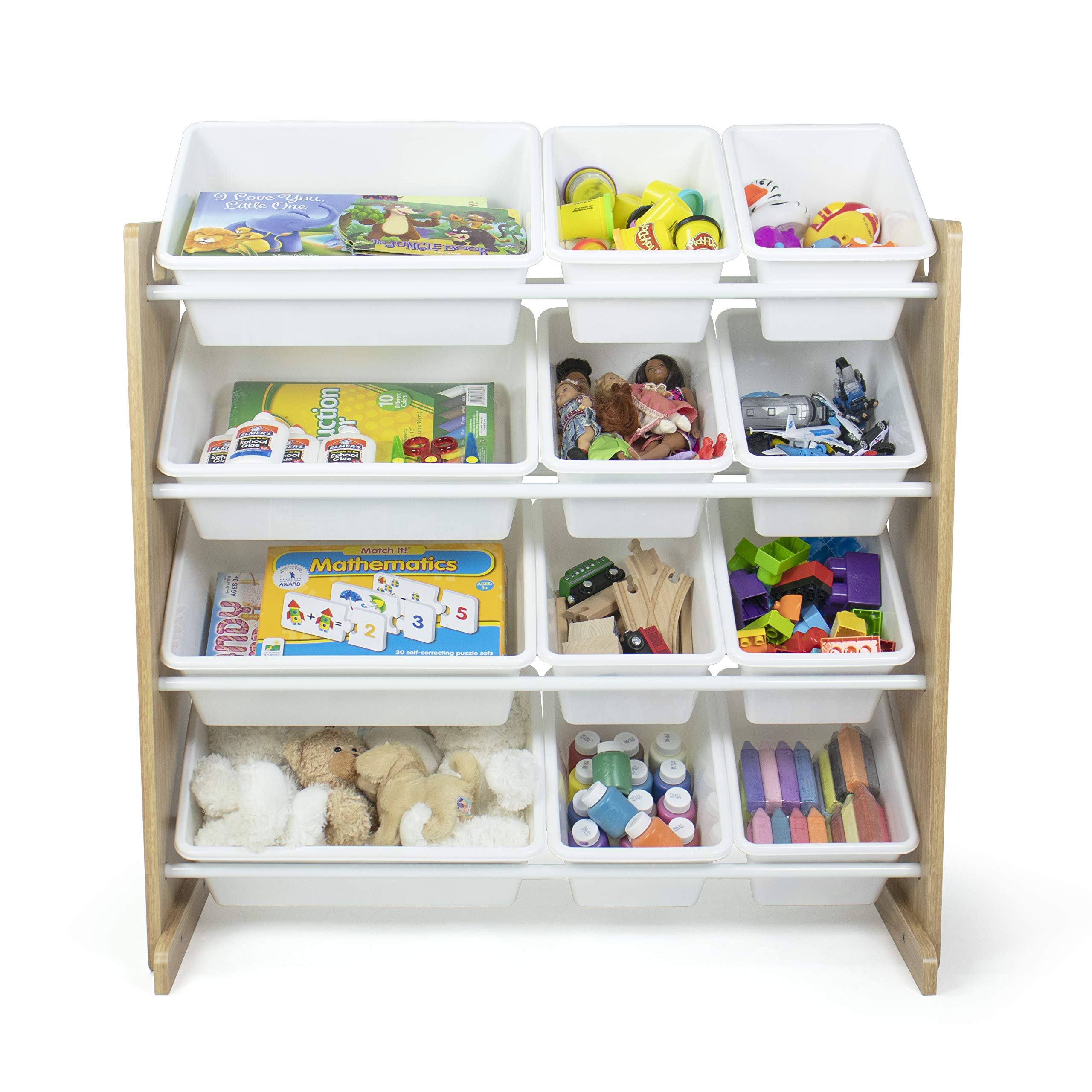 Humble Crew Natural Wood & White 4-Tier Kids Toy Organizer with 12 Storage Bins - Universal Bookshelf with Deep Sleeves for Nursery, Playroom & Bedroom Organization