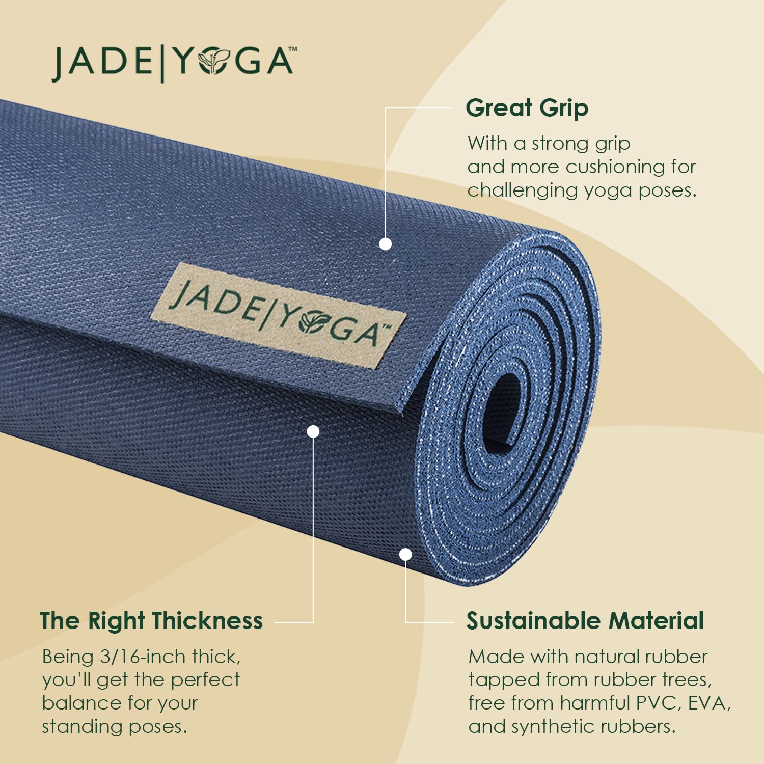 Premium JadeYoga Harmony Yoga Mat - 6mm Thick Non-Slip Natural Rubber Exercise Mat for Home Gym, Yoga, Pilates & Meditation | Eco-Friendly Fitness Mat for Women & Men | Ideal for Hot Yoga, Studio Workouts & Home Exercise