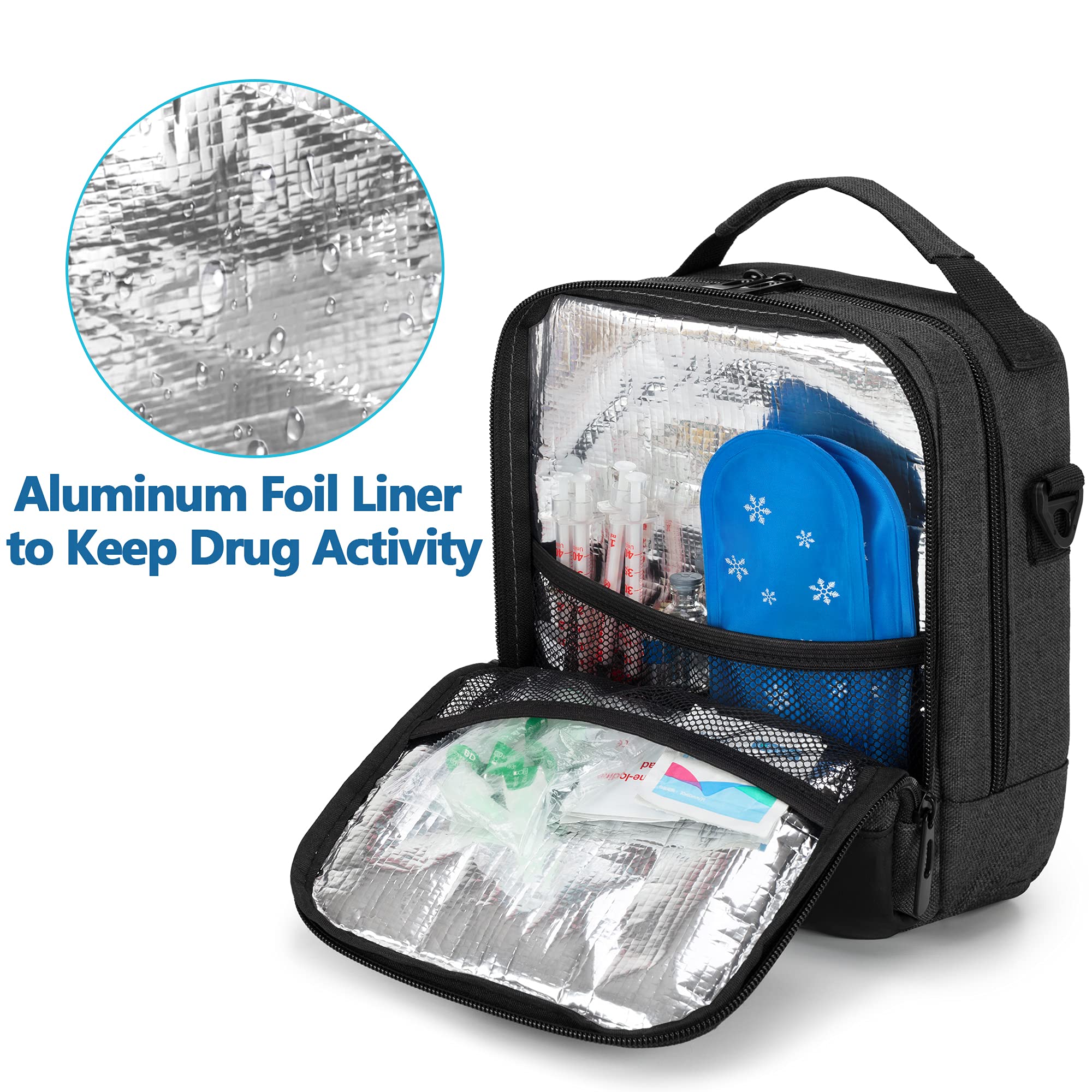 CURMIO Insulin Cooler Travel Case - Portable Diabetes Supplies Organizer with Shoulder Strap for Glucose Meter, Test Strips & Diabetic Accessories (Black, Patented Design) - Perfect for Travel, Work & Daily Use