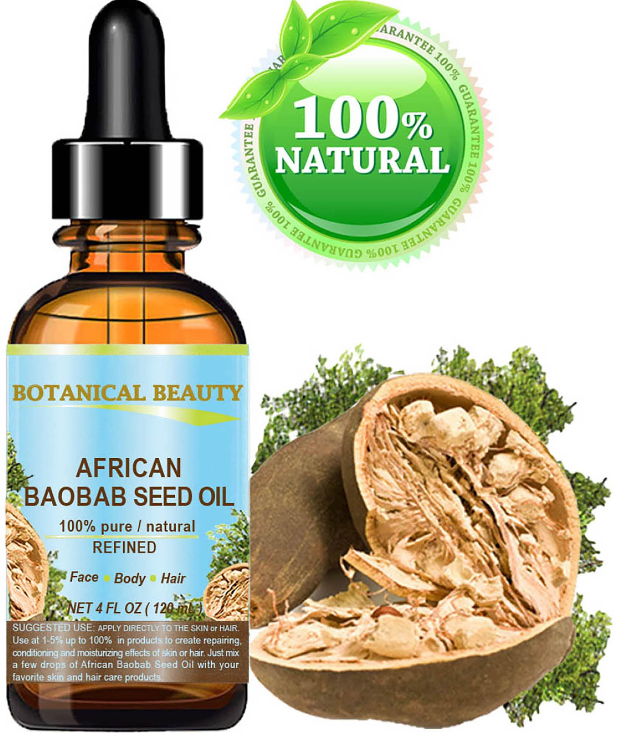 100% Pure Cold-Pressed Baobab Seed Oil - 4 Fl oz (120ml) Natural Carrier Oil for Face, Skin, Hair & Nails - Rich in Vitamin C & Antioxidants - Moisturizing & Anti-Aging Solution for Dry Skin & Hair Care Routine