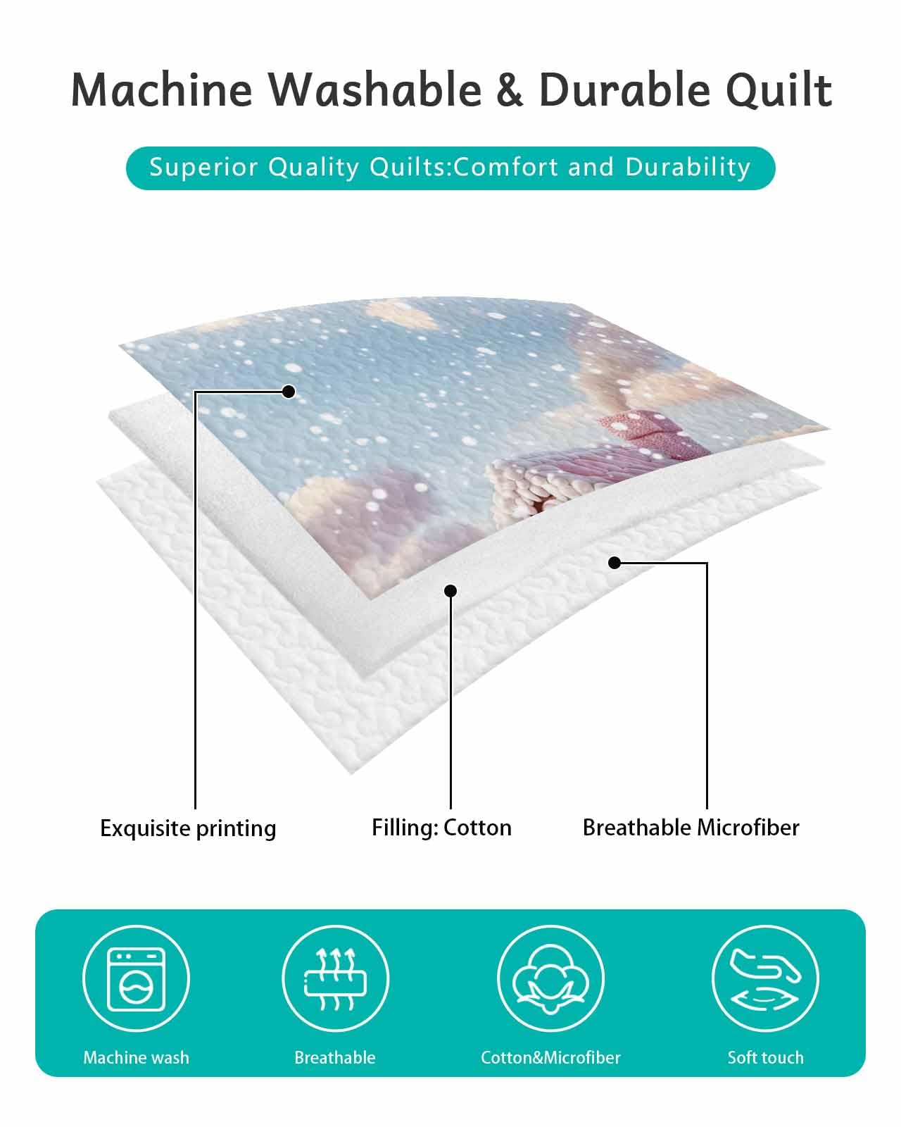 Pink Christmas Village Quilt Set - Full Size 3-Piece Microfiber Bedding with Pillow Shams | Lightweight Summer Quilt & All-Season Coverlet | Cozy Holiday Decor for Bedroom, Guest Room & Dorm