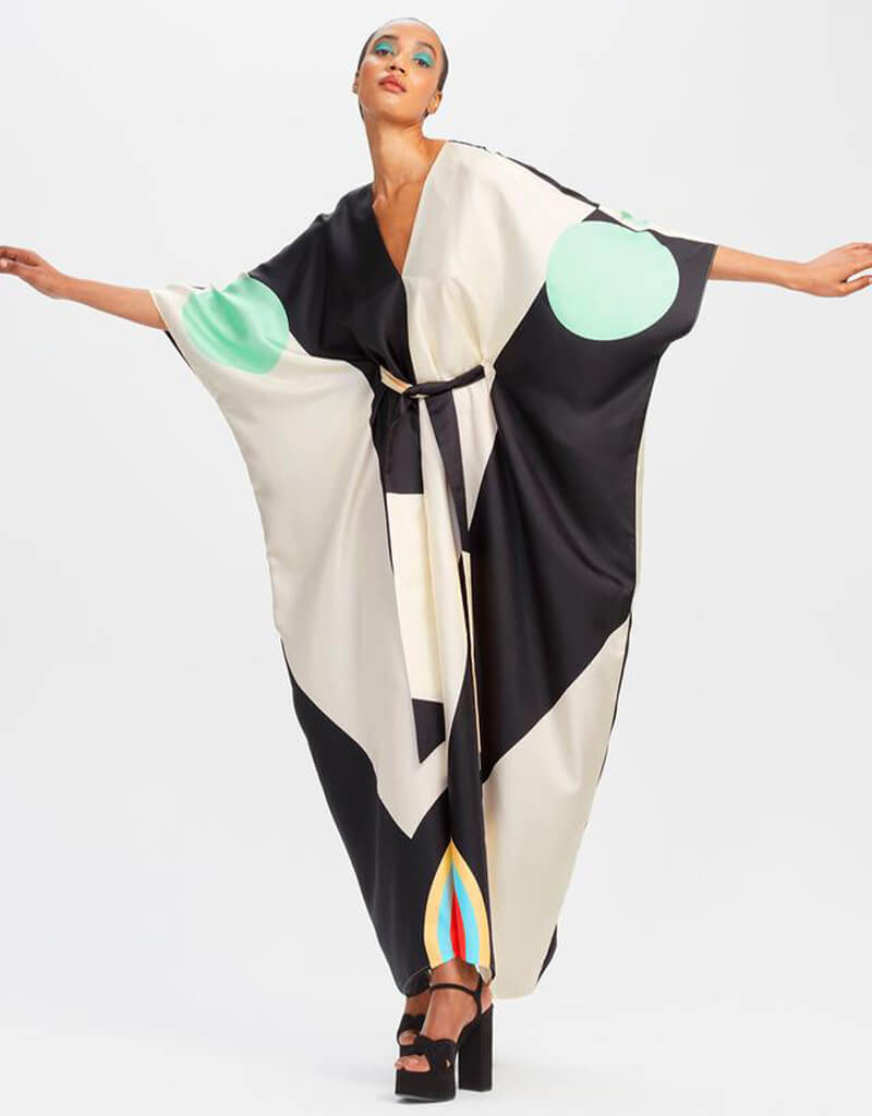 Luxury Beige & Black Satin Silk Kaftan Dress - Elegant Soft Kimono Robe for Women - Perfect for Beach Cover Up, Bridal Party, or Lounge Wear