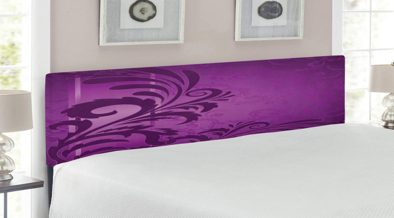 Ambesonne King Size Purple Upholstered Headboard with Memory Foam - Retro Spiral Floral Branch Leaves Abstract Design - Decorative Metal Bed Frame Headboard for Master Bedroom & Guest Room Decor (Purple Plum)